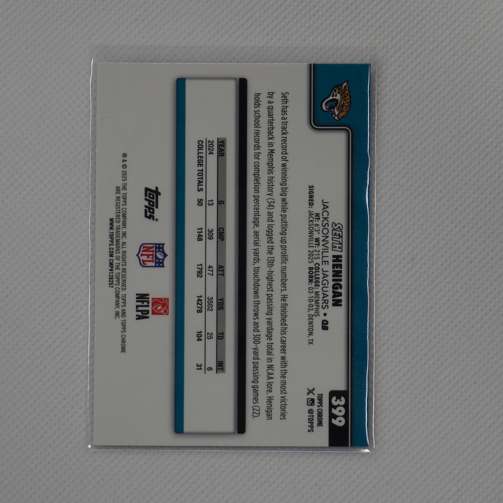 2025 Topps Chrome #399 Seth Henigan Jacksonville Jaguars RC