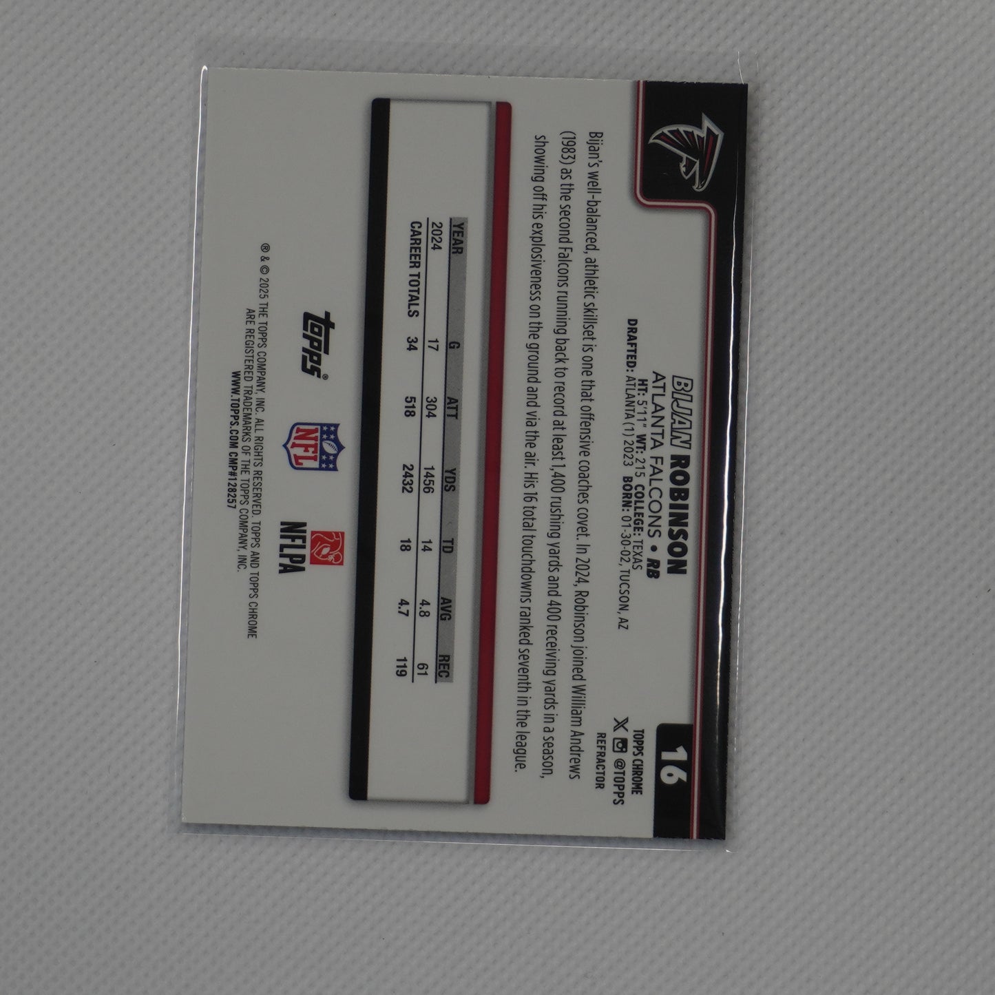 2025 Topps Chrome #16 Bijan Robinson Refractor Atlanta Falcons