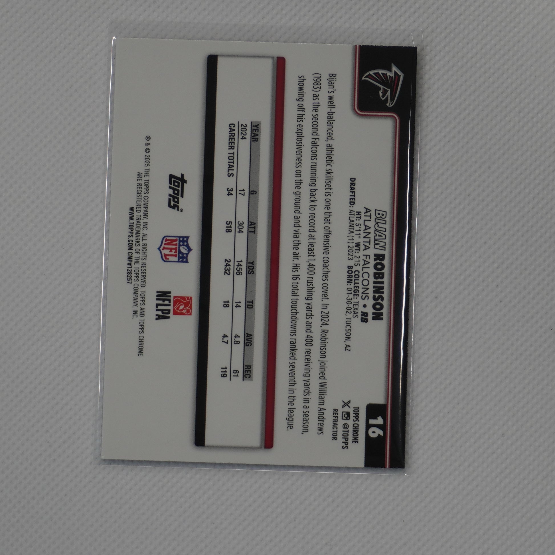 2025 Topps Chrome #16 Bijan Robinson Refractor Atlanta Falcons