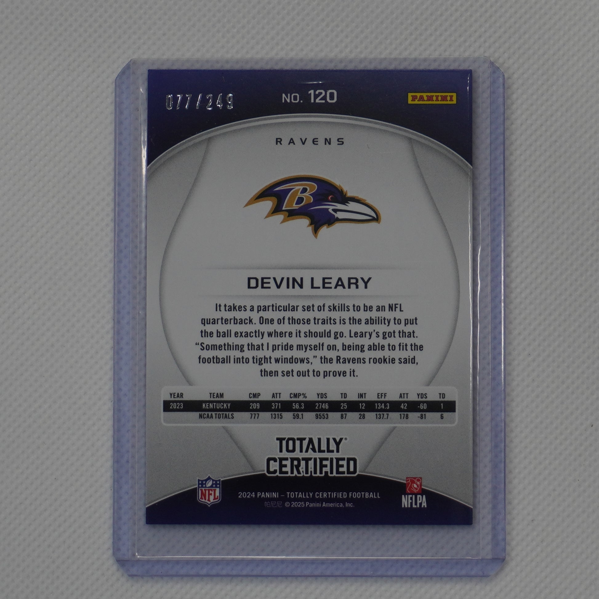 2024 Panini Totally Certified #120 Devin Leary Mirror Red #/249 Baltimore Ravens