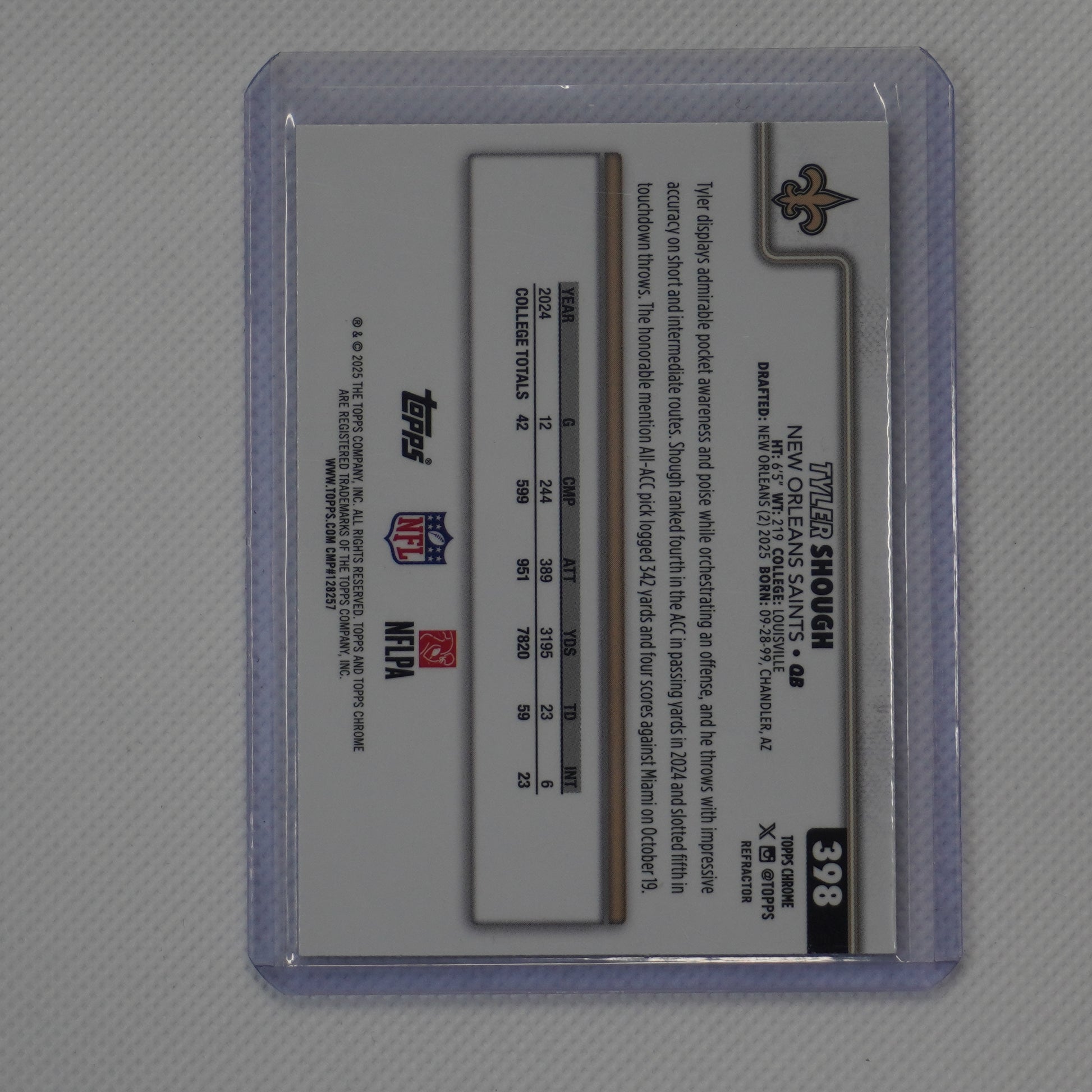 2025 Topps Chrome #398 Tyler Shough Refractor New Orleans Saints RC