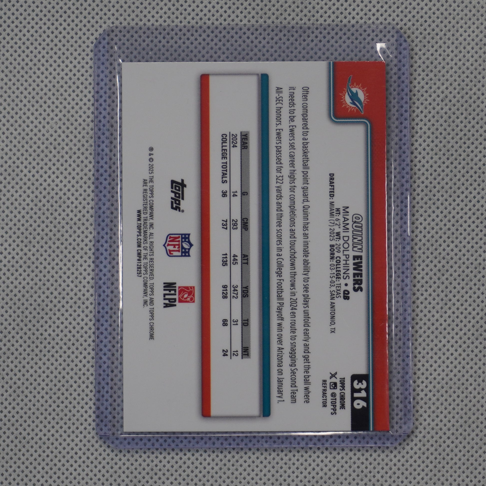 2025 Topps Chrome #316 Quinn Ewers Refractor Miami Dolphins RC