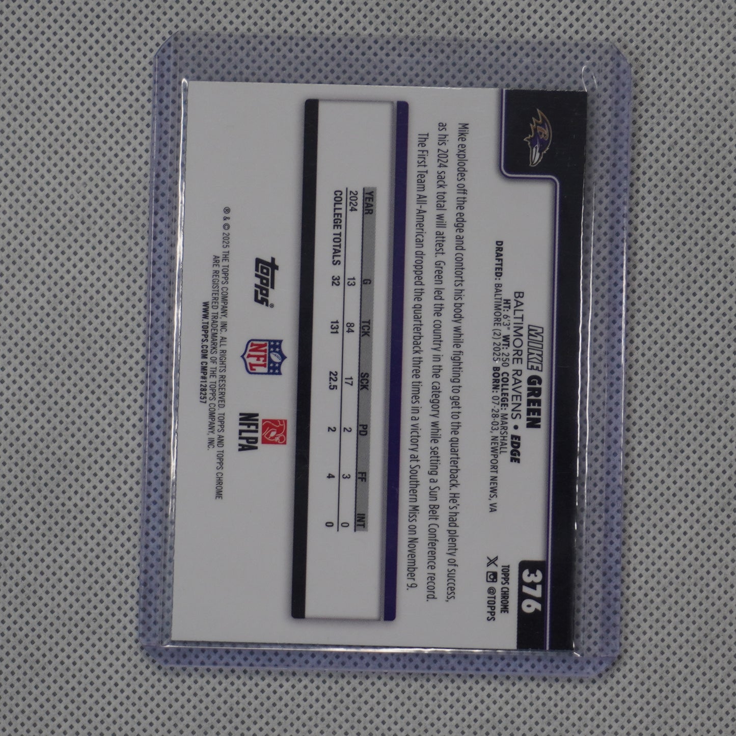 2025 Topps Chrome #376 Mike Green Green Wave Refractor #/99 Baltimore Ravens