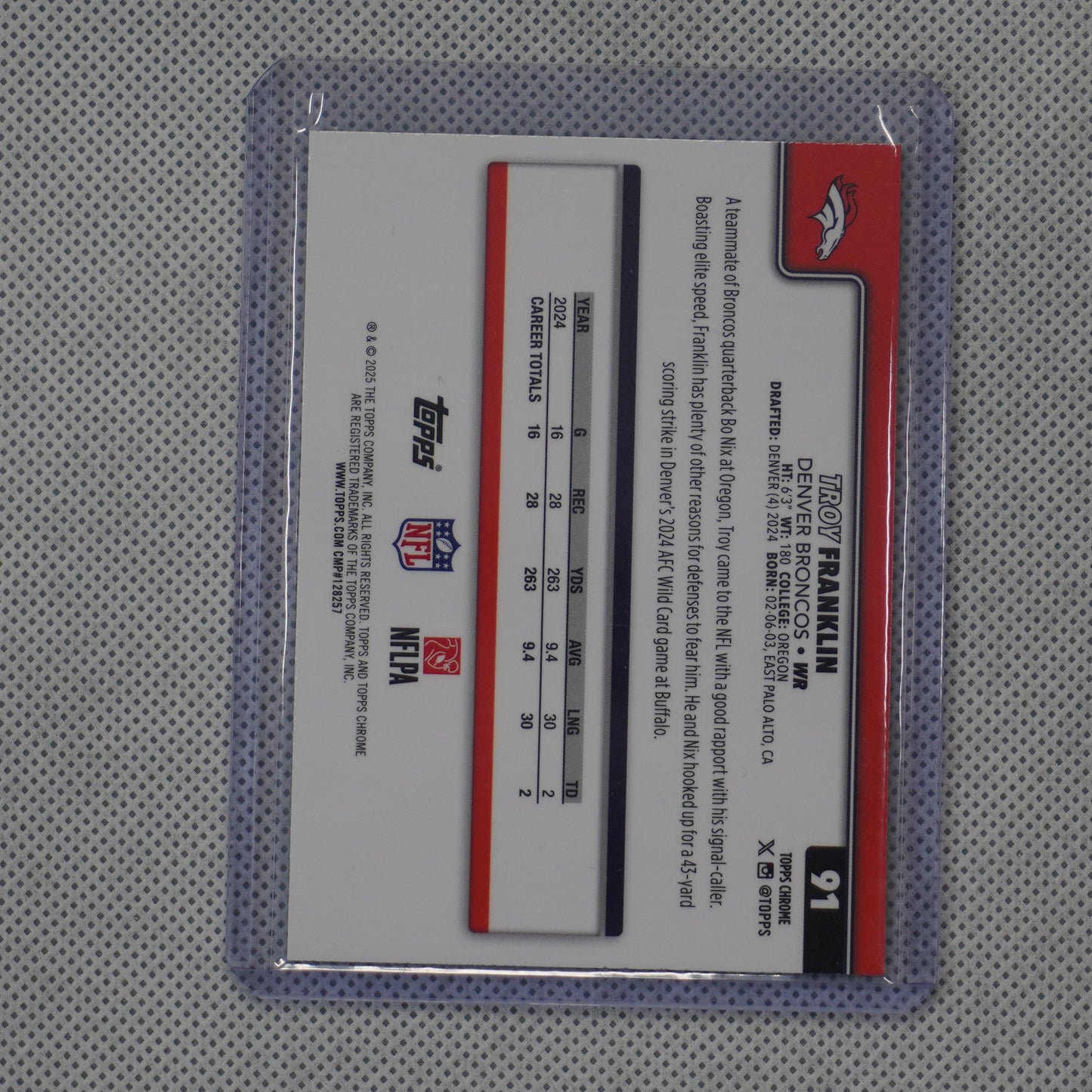 2025 Topps Chrome #91 Troy Franklin Football Leather Green #/99 Denver Broncos