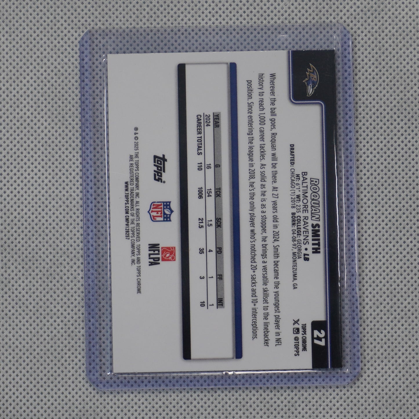 2025 Topps Chrome #27 Roquan Smith Purple Wave Refractor #/75 Baltimore Ravens