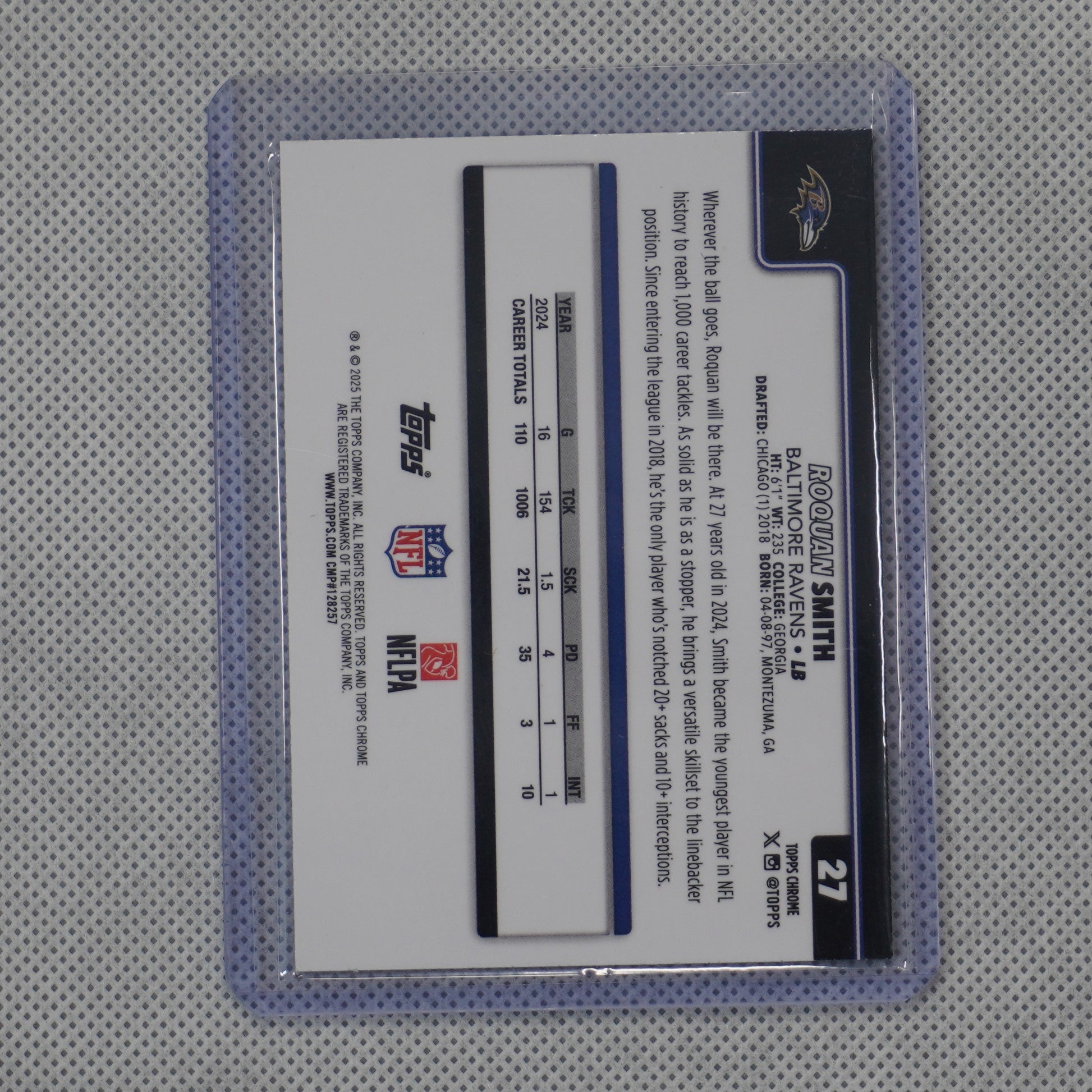 2025 Topps Chrome #27 Roquan Smith Purple Wave Refractor #/75 Baltimore Ravens