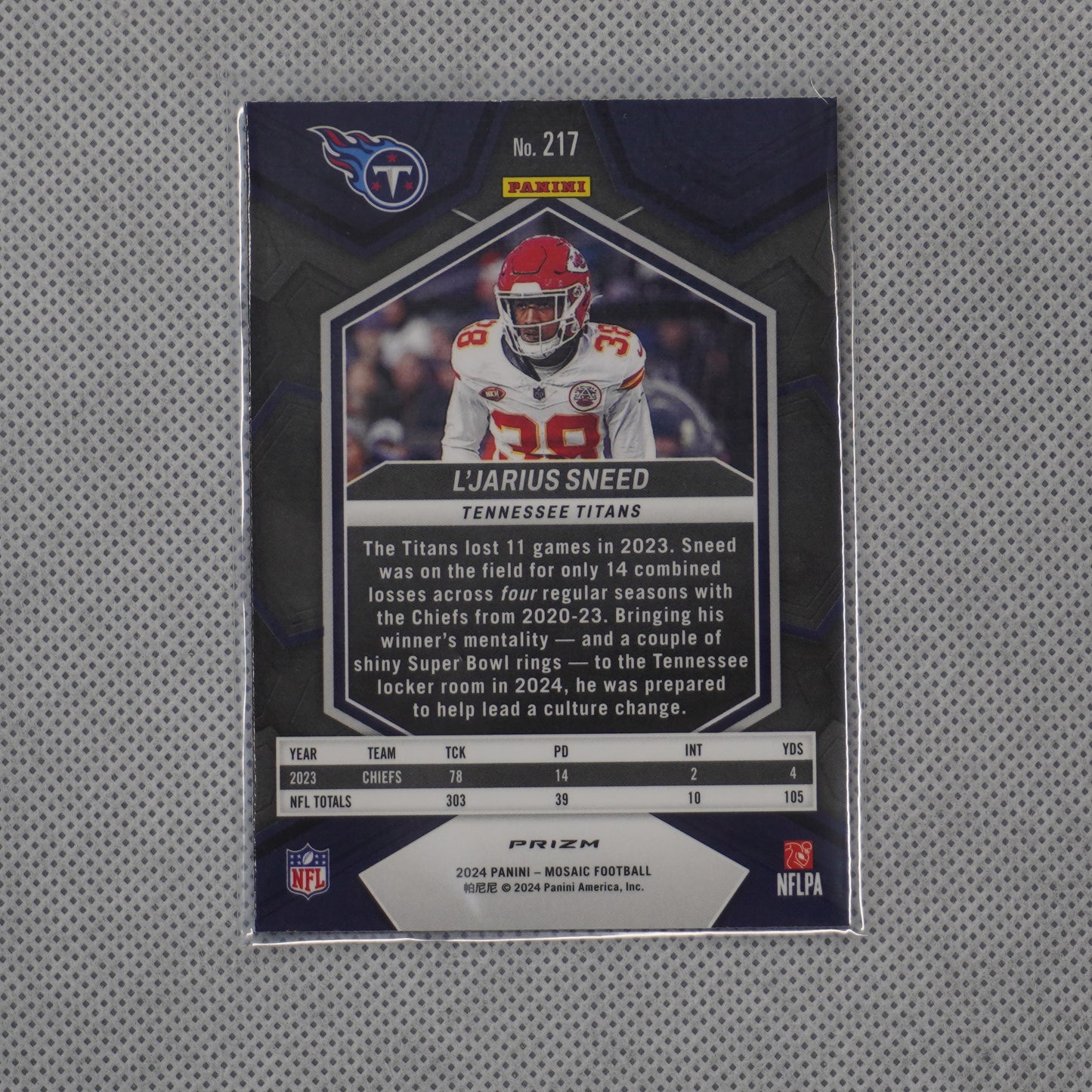 2024 Panini Mosaic #217 L'Jarius Sneed Mosaic Reactive Blue Tennessee Titans