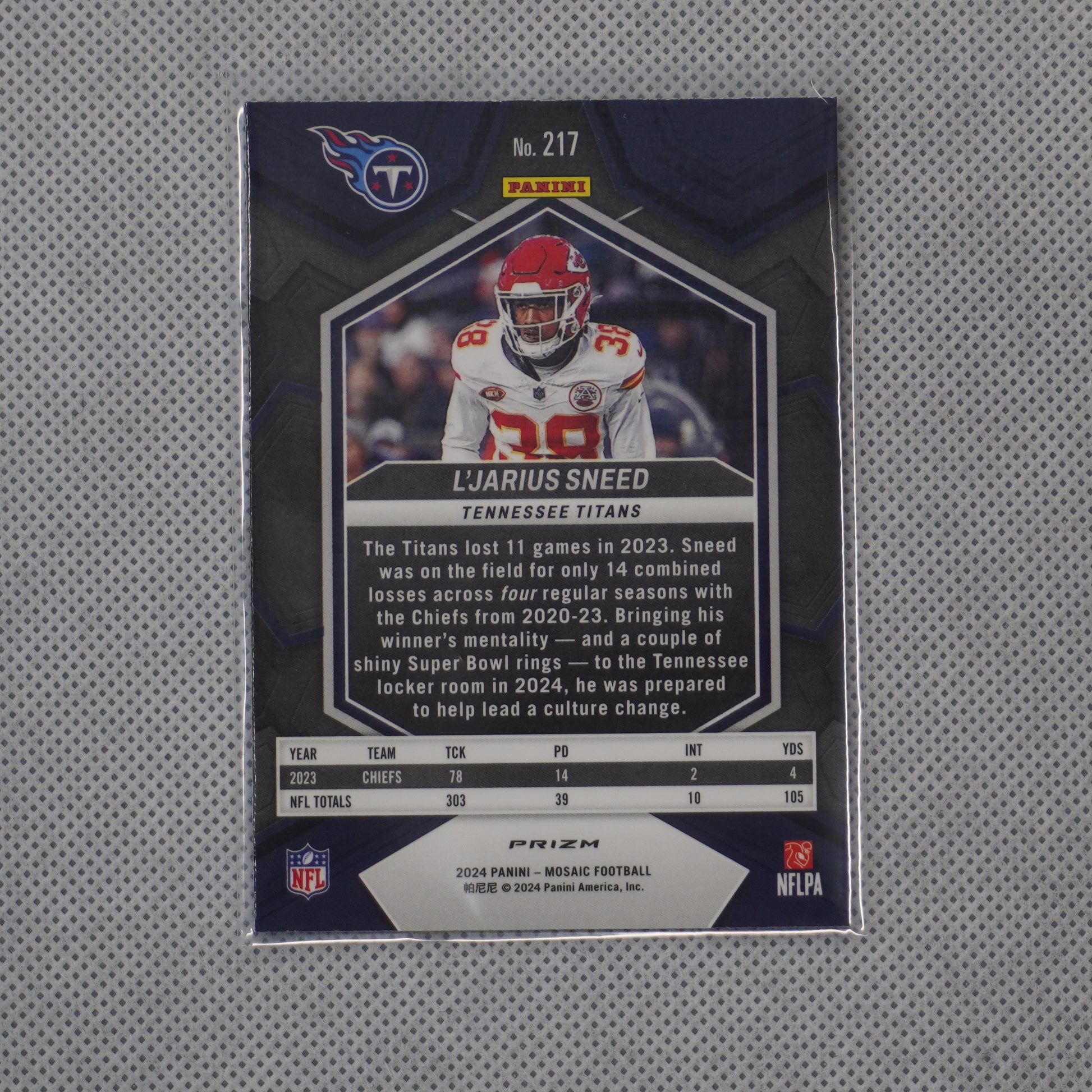 2024 Panini Mosaic #217 L'Jarius Sneed Mosaic Reactive Blue Tennessee Titans