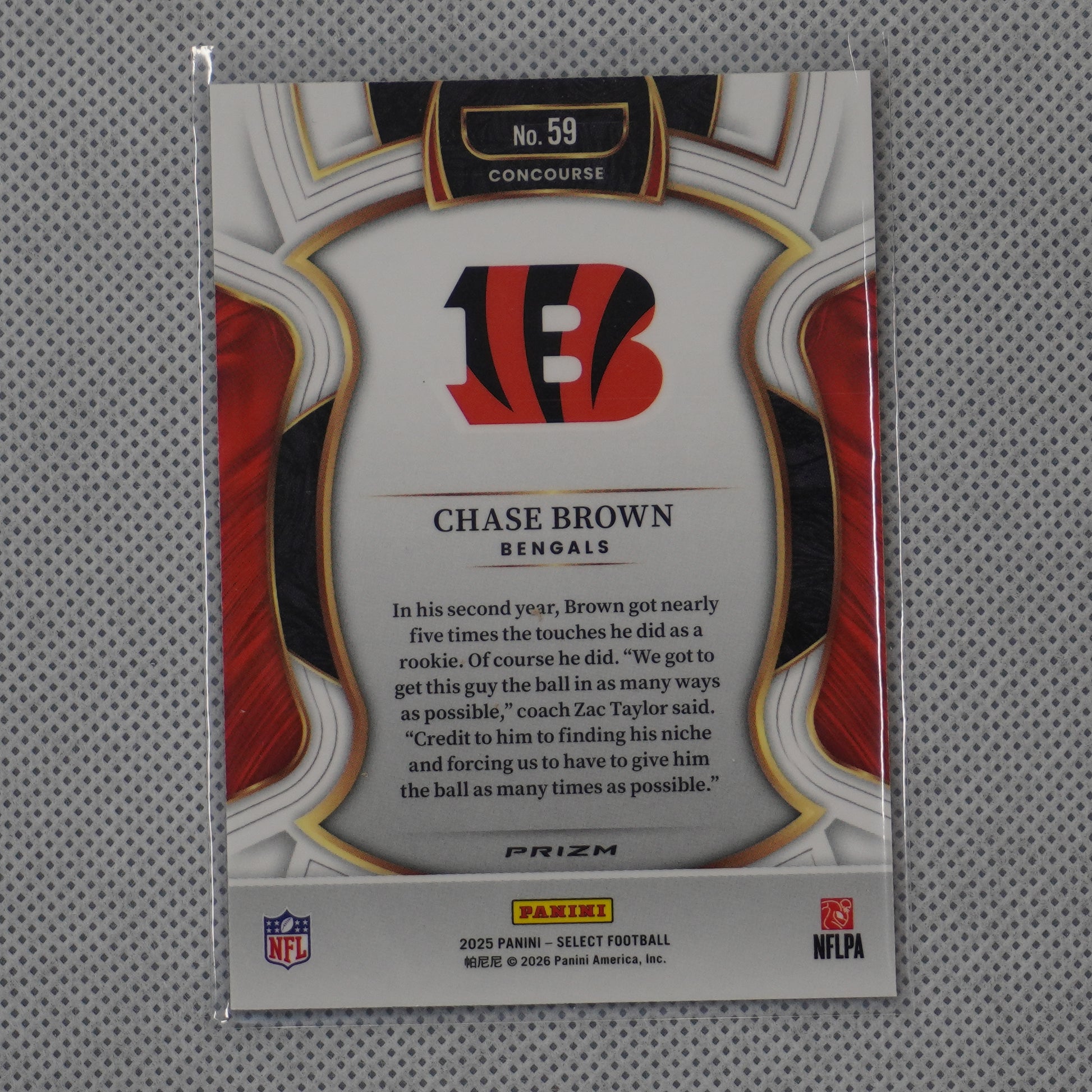 2025 Panini Select #59 Chase Brown Red and Blue Prizm Shock Cincinnati Bengals
