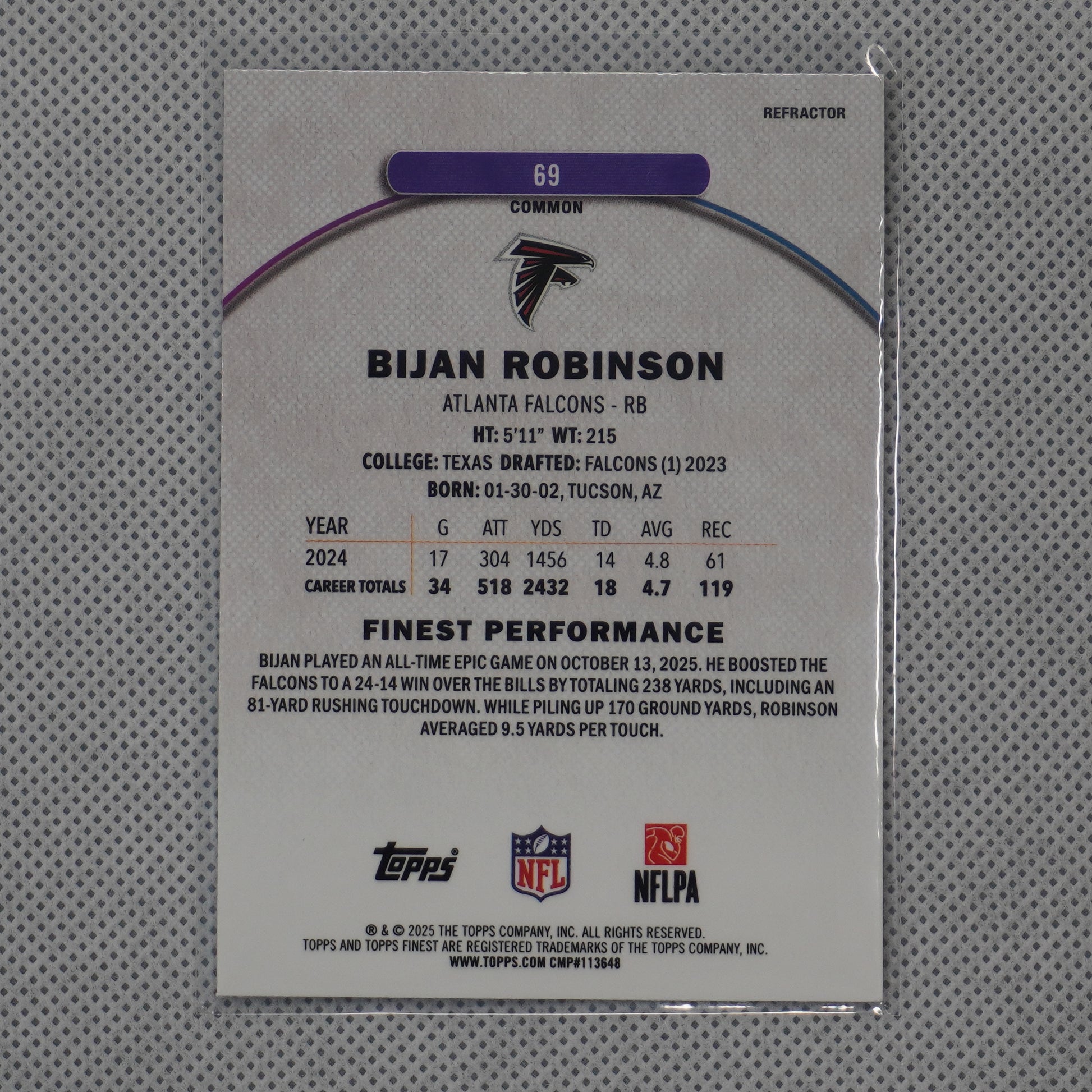 2025 Finest #69 Bijan Robinson Refractor Atlanta Falcons