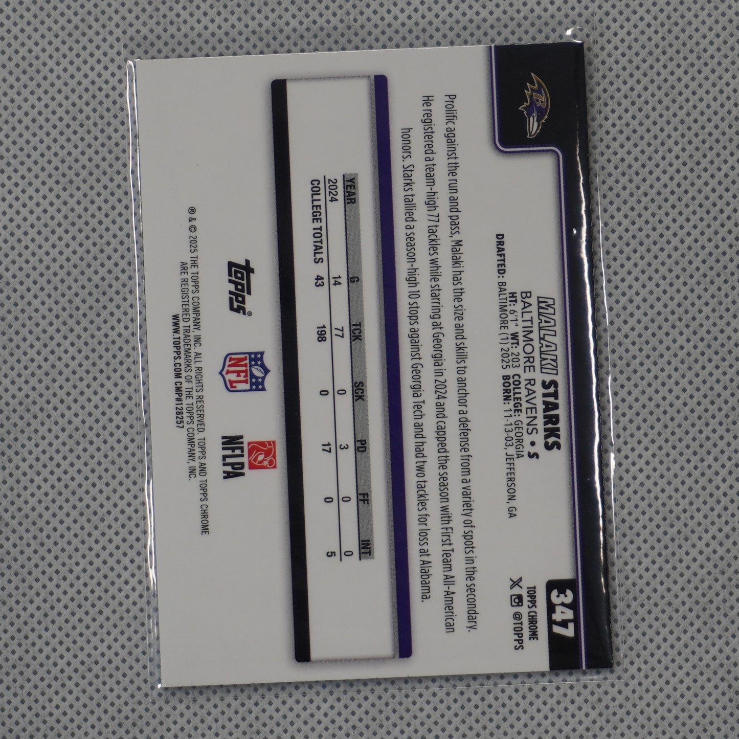 2025 Topps Chrome #347 Malaki Starks Baltimore Ravens RC