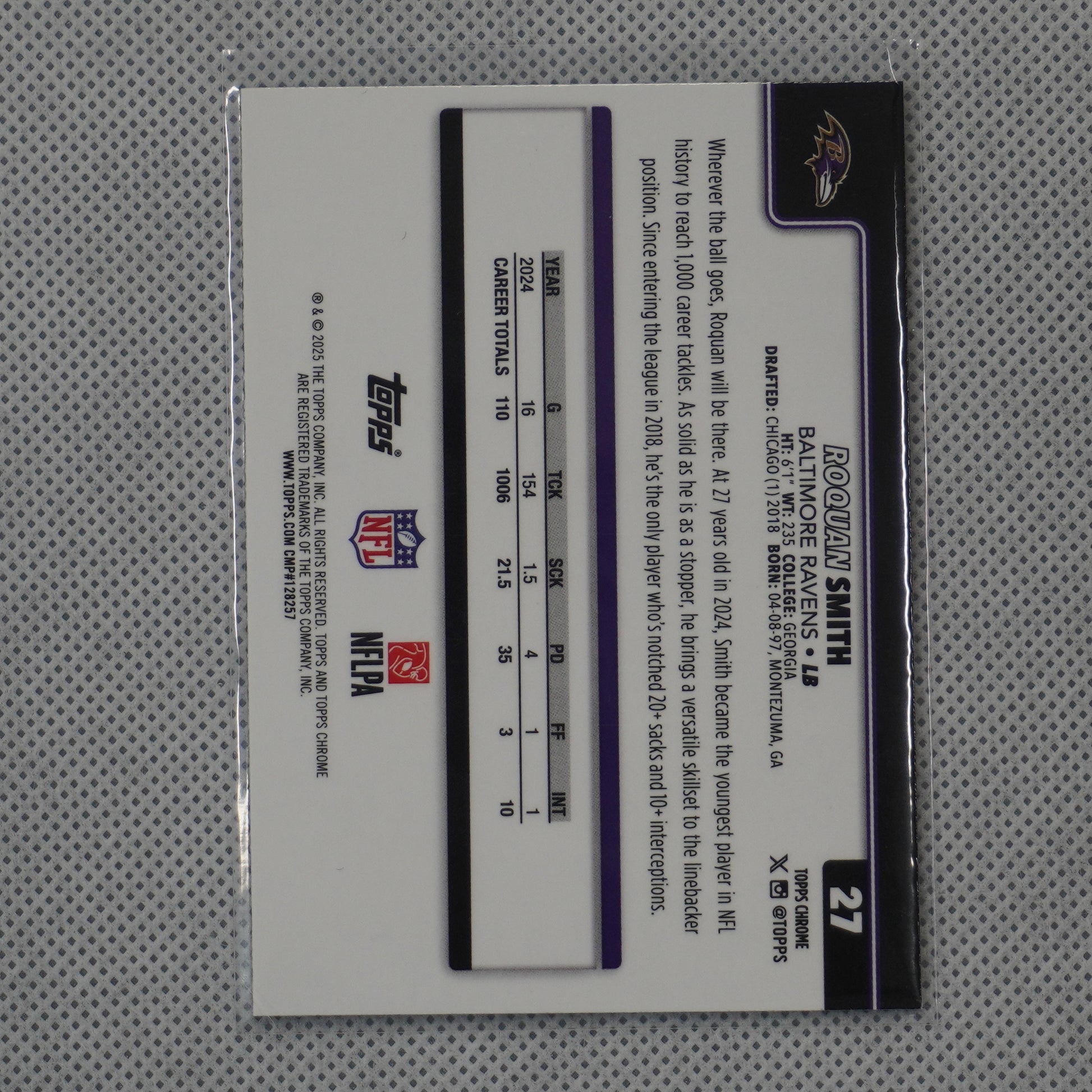 2025 Topps Chrome #27 Roquan Smith Pulsar Refractor Baltimore Ravens