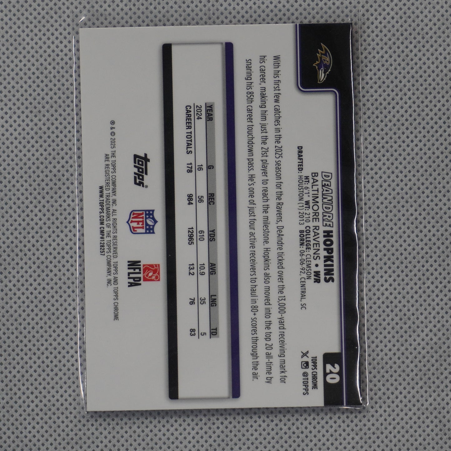 2025 Topps Chrome #20 DeAndre Hopkins Hot Pink X-Fractor Baltimore Ravens