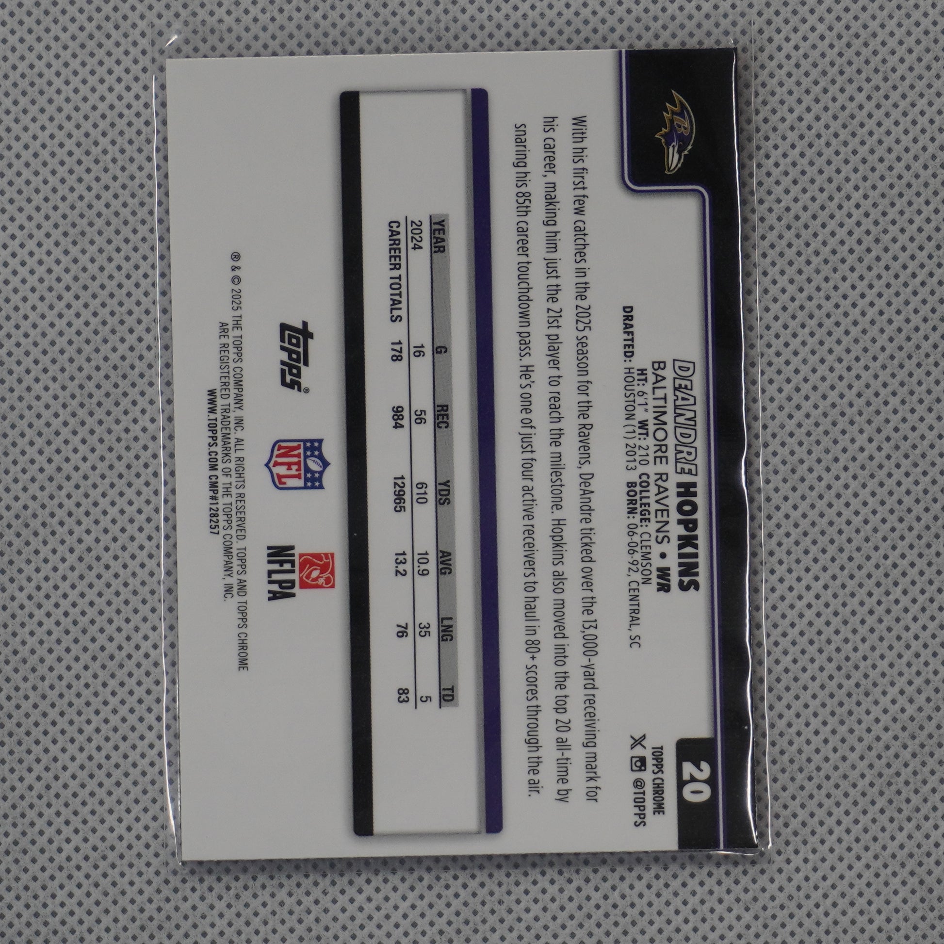 2025 Topps Chrome #20 DeAndre Hopkins Hot Pink X-Fractor Baltimore Ravens