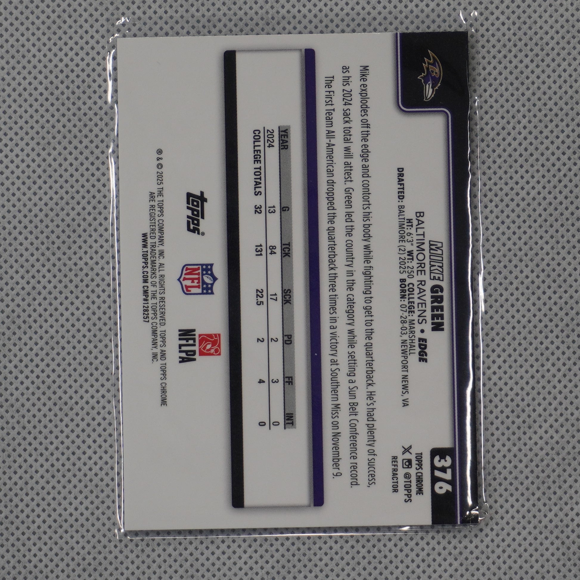 2025 Topps Chrome #376 Mike Green Refractor Baltimore Ravens RC