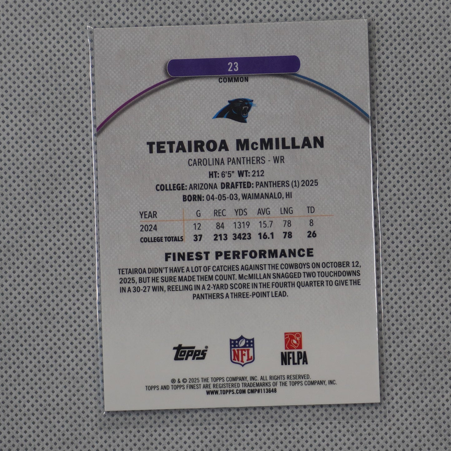 2025 Finest #23 Tetairoa McMillan Carolina Panthers RC
