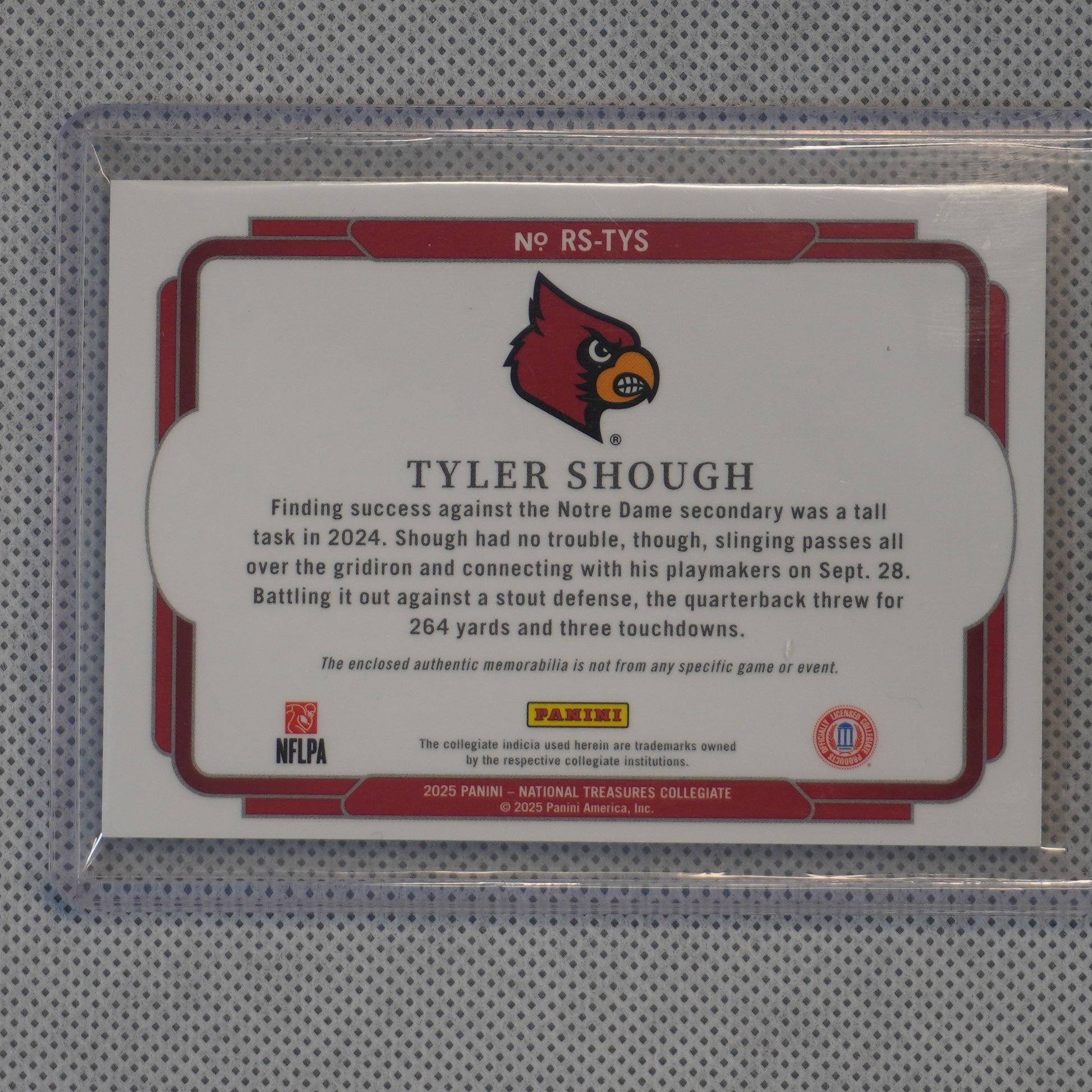 2025 Panini National Treasures Collegiate #RS-TYS Tyler Shough Jumbo Patch #'d/49 Louisville Cardinals SN