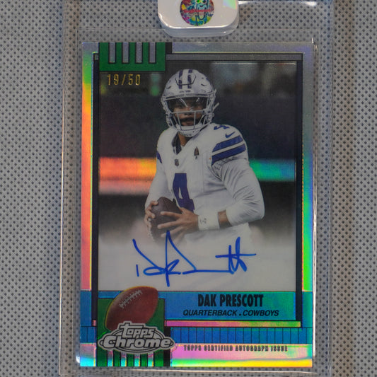 2025 Topps Chrome #1990-DP Dak Prescott 1990 Topps Autographs Refractor #/50 Dallas Cowboys SN.AU