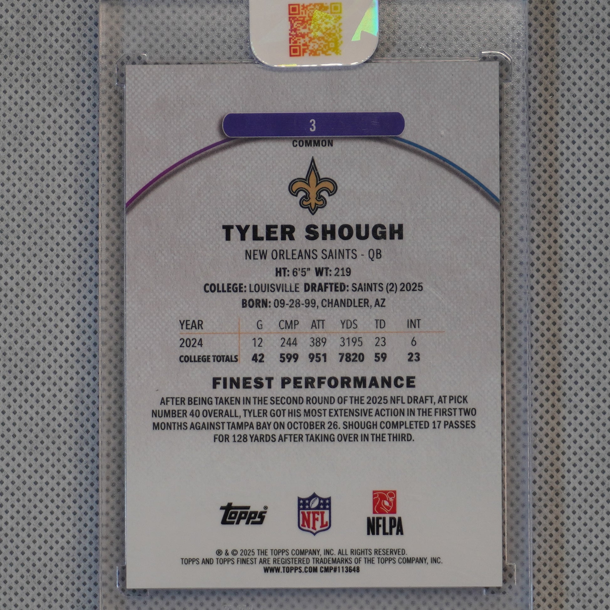 2025 Finest #3 Tyler Shough Orange Refractor #/25 New Orleans Saints SN.RC