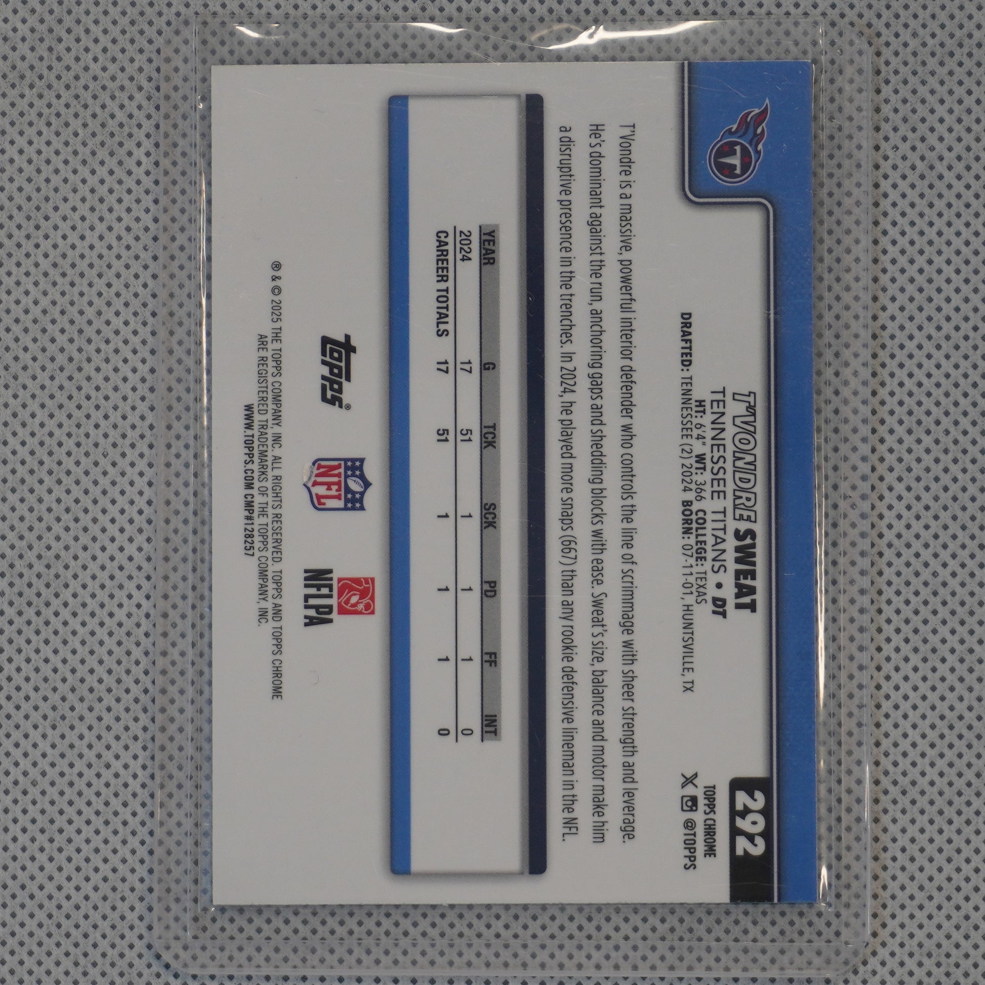 2025 Topps Chrome #292 T'Vondre Sweat Teal Refractor #/299 Tennessee Titans SN