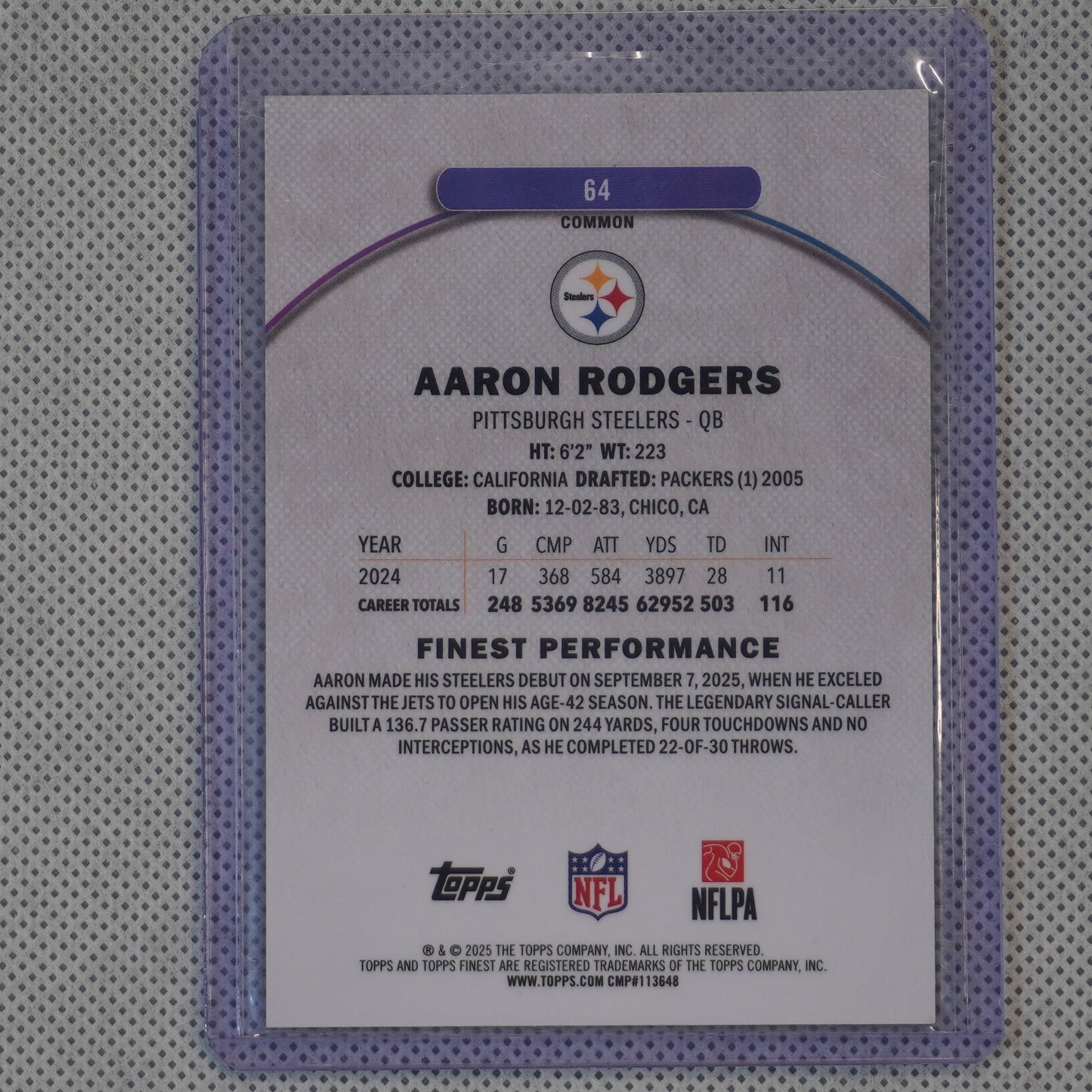 2025 Finest #64 Aaron Rodgers Green Geometric Refractor #/75 Pittsburgh Steelers SN