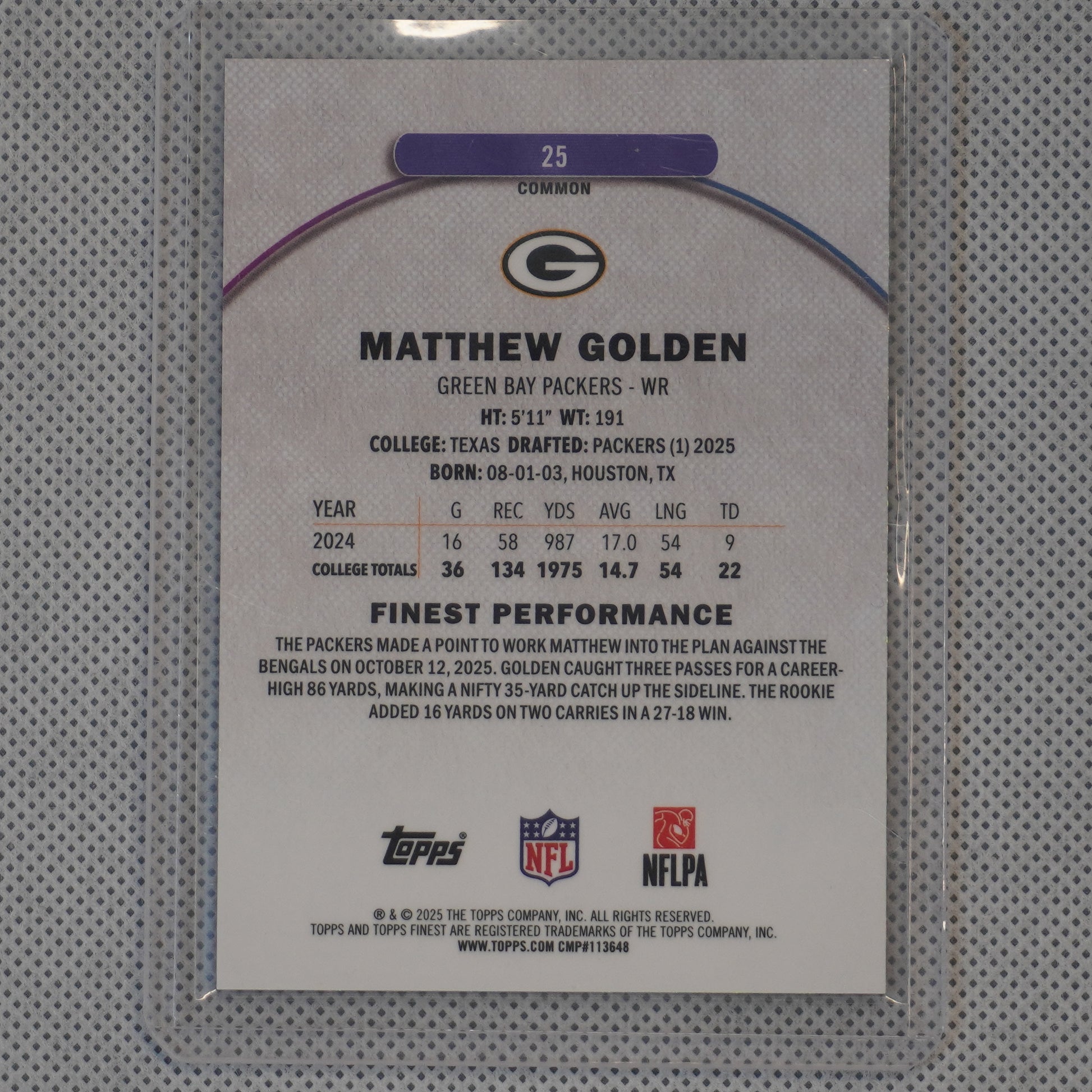 2025 Finest #25 Matthew Golden Black Geometric Refractor #/20 Green Bay Packers SN.RC