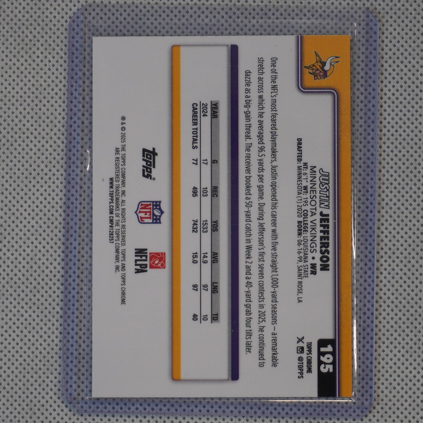 2025 Topps Chrome #195 Justin Jefferson Neon Pulse Refractor Minnesota Vikings