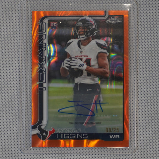 2025 Topps Chrome #RA-JHI Jayden Higgins Chrome Rookie Autographs Orange Lava Refractor #/25 Houston Texans SN.AU