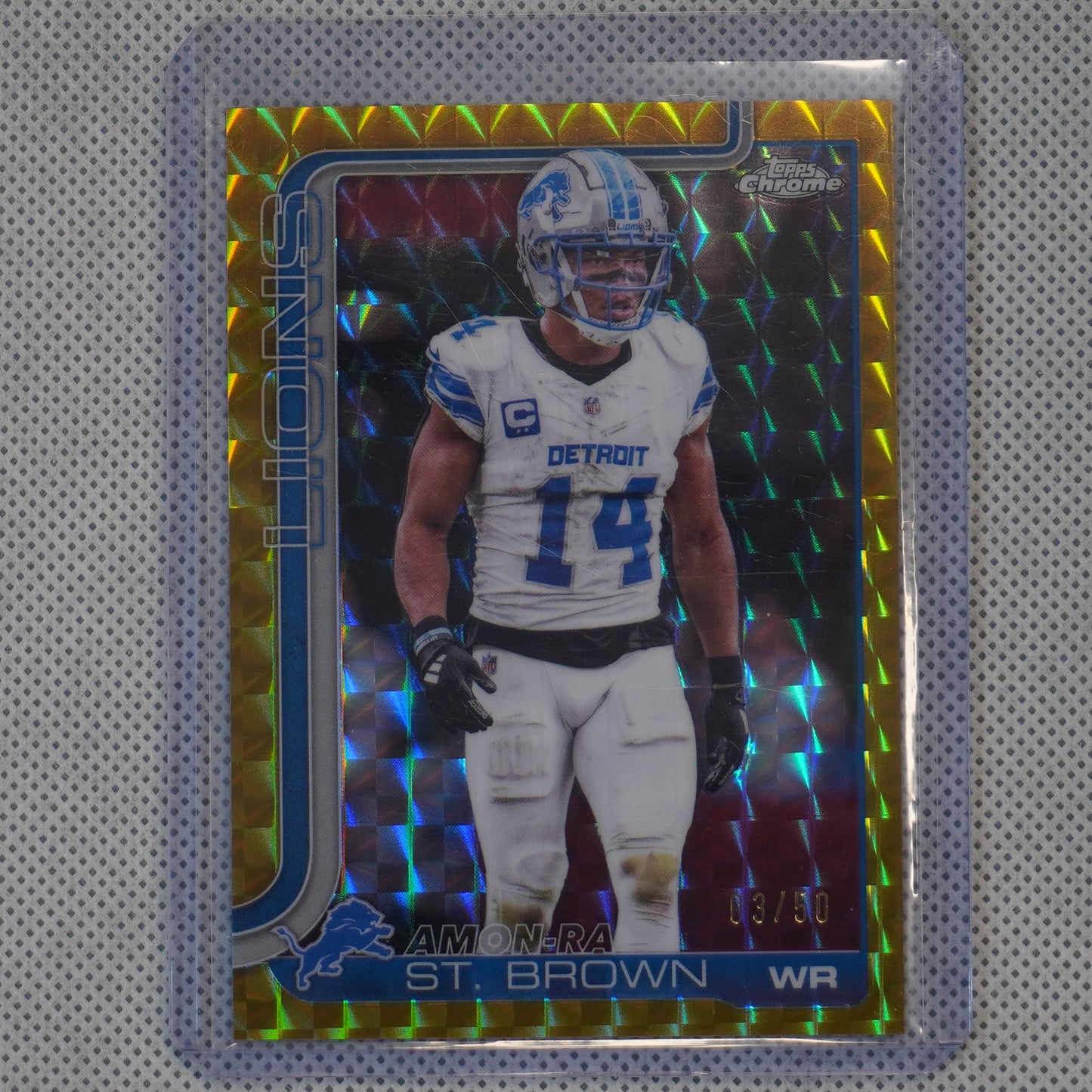2025 Topps Chrome #98 Amon-Ra St. Brown Gold Geometric Refractor #/50 Detroit Lions SN