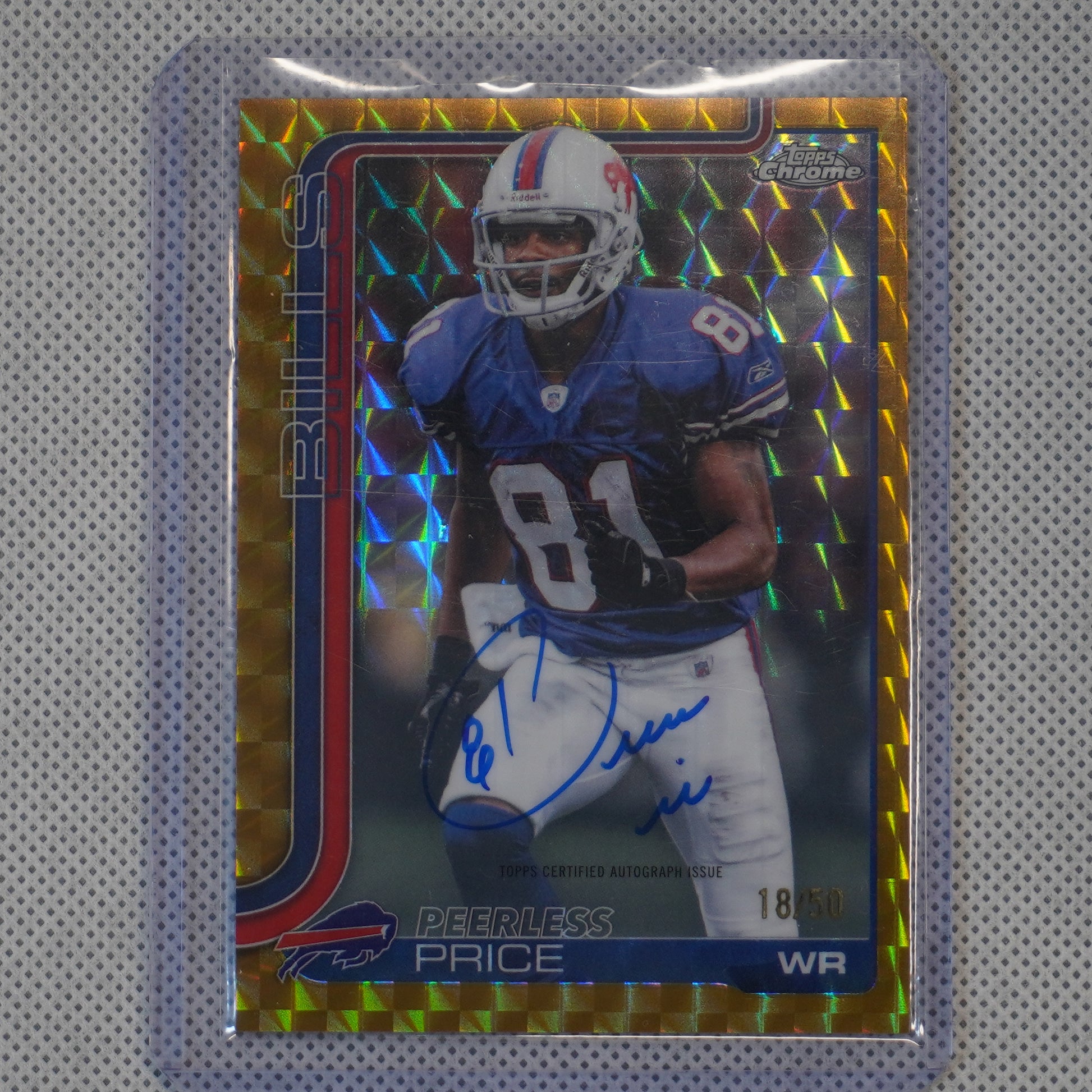 2025 Topps Chrome #CLA-PPR Peerless Price Chrome Legends Autographs Gold Geometric Refractor #/50 Buffalo Bills SN.AU