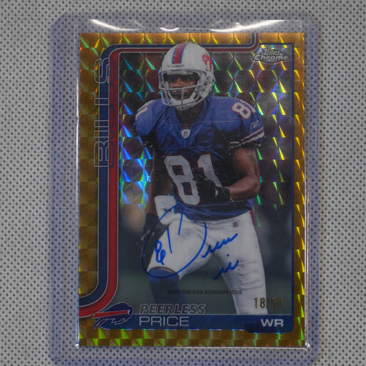 2025 Topps Chrome #CLA-PPR Peerless Price Chrome Legends Autographs Gold Geometric Refractor #/50 Buffalo Bills SN.AU