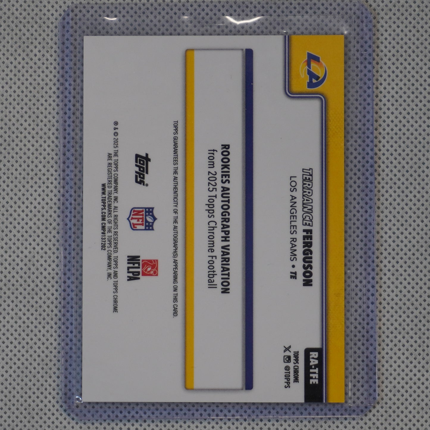2025 Topps Chrome #RA-TFE Terrance Ferguson Chrome Rookie Autographs Orange Lava Refractor #/25 Los Angeles Rams SN.AU