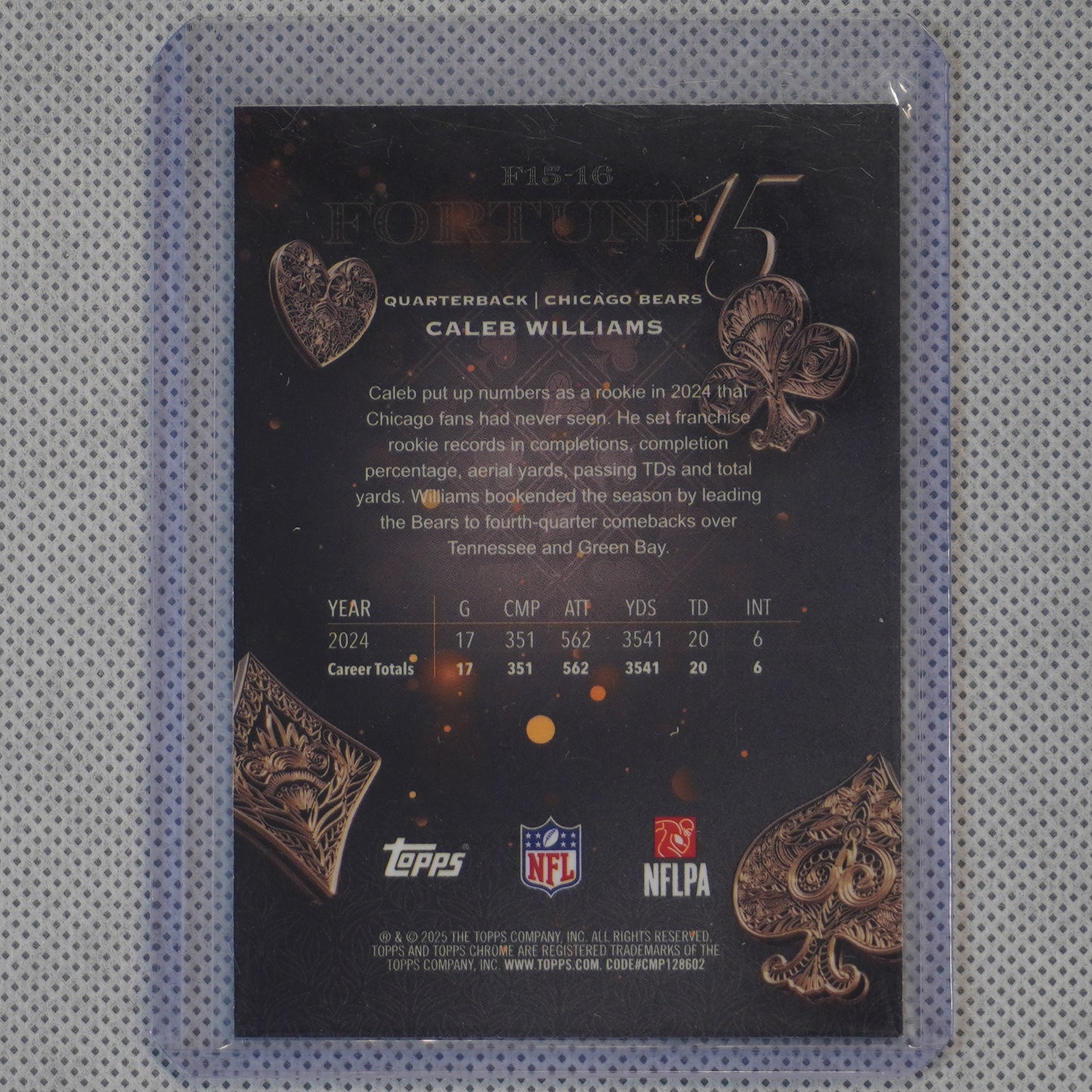 2025 Topps Chrome #F15-16 Caleb Williams Fortune 15 Green Refractor #/99 Chicago Bears SN