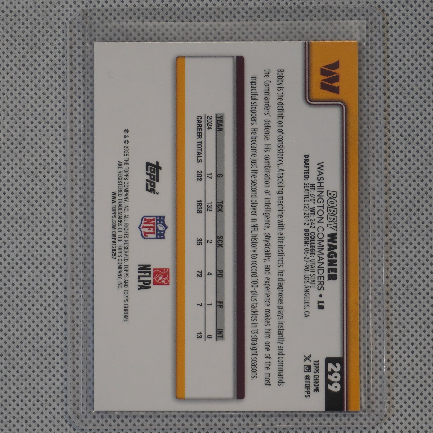 2025 Topps Chrome #299 Bobby Wagner Hot Pink X-Fractor Washington Commanders