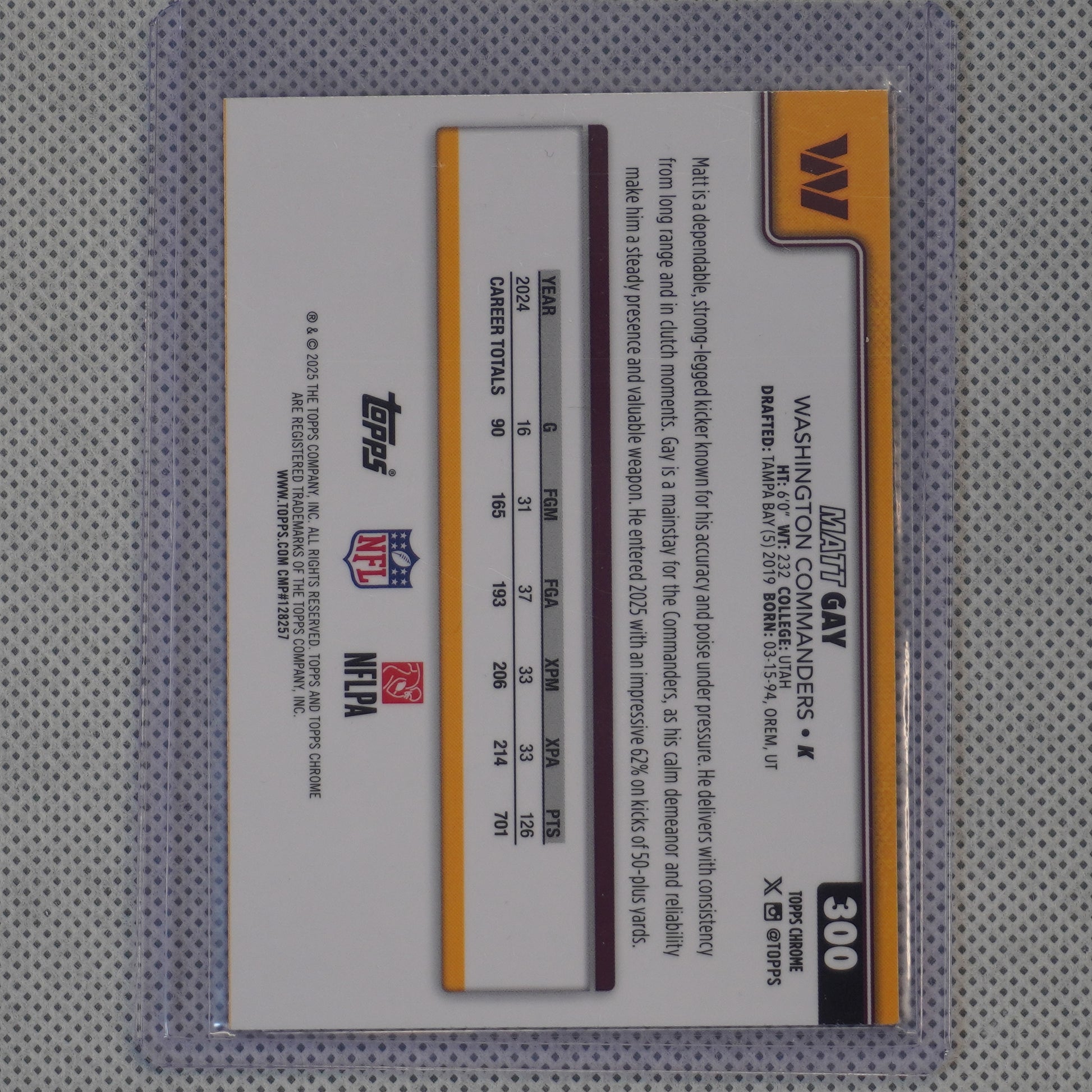 2025 Topps Chrome #300 Matt Gay Pink Wave Refractor #/250 Washington Commanders SN