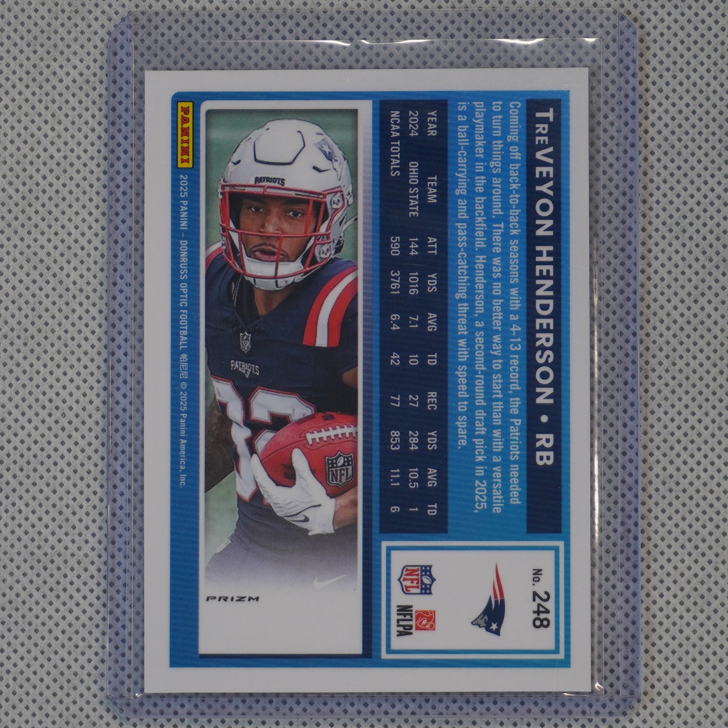 2025 Donruss Optic #248 TreVeyon Henderson Blue Hyper New England Patriots RC