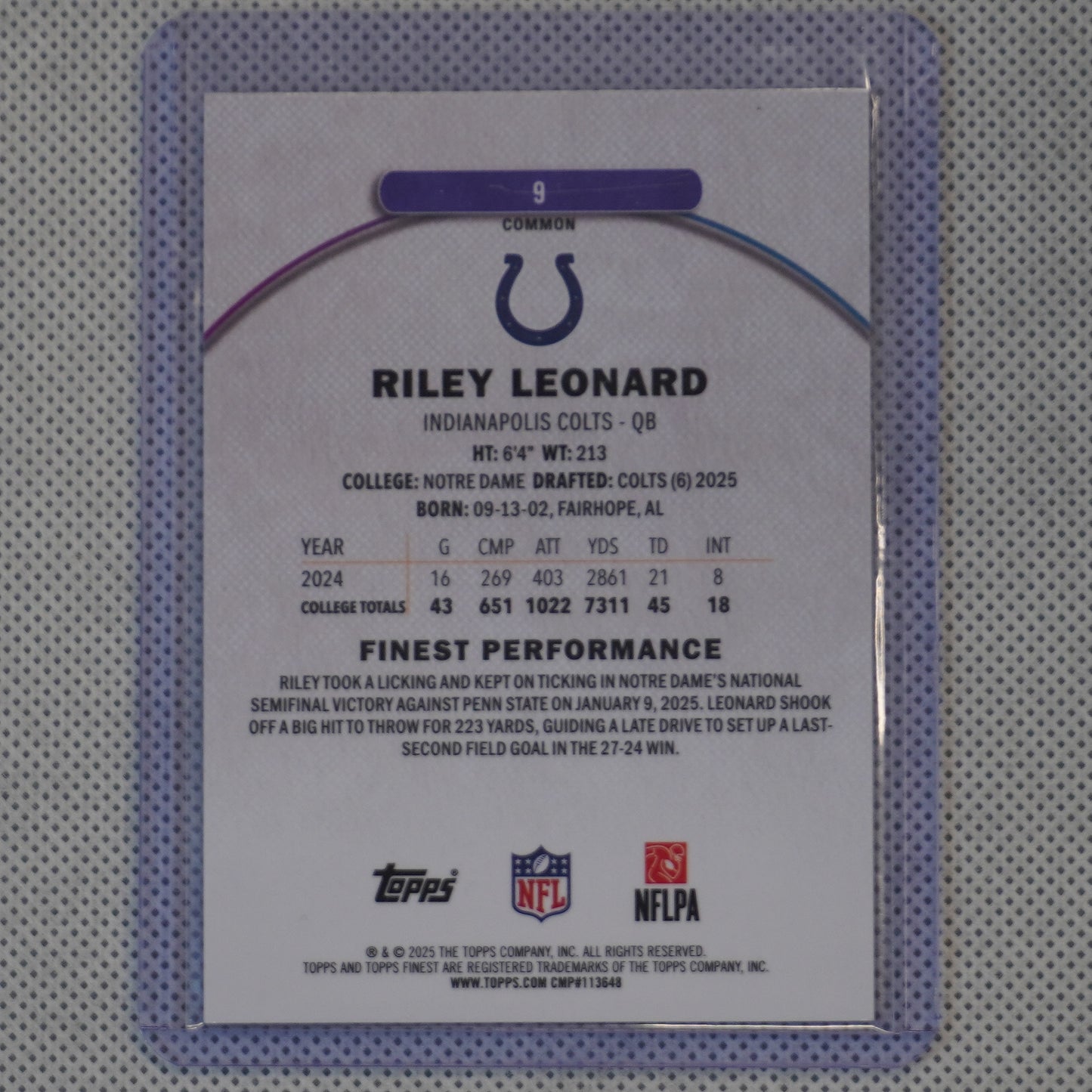 2025 Finest #9 Riley Leonard Indianapolis Colts RC