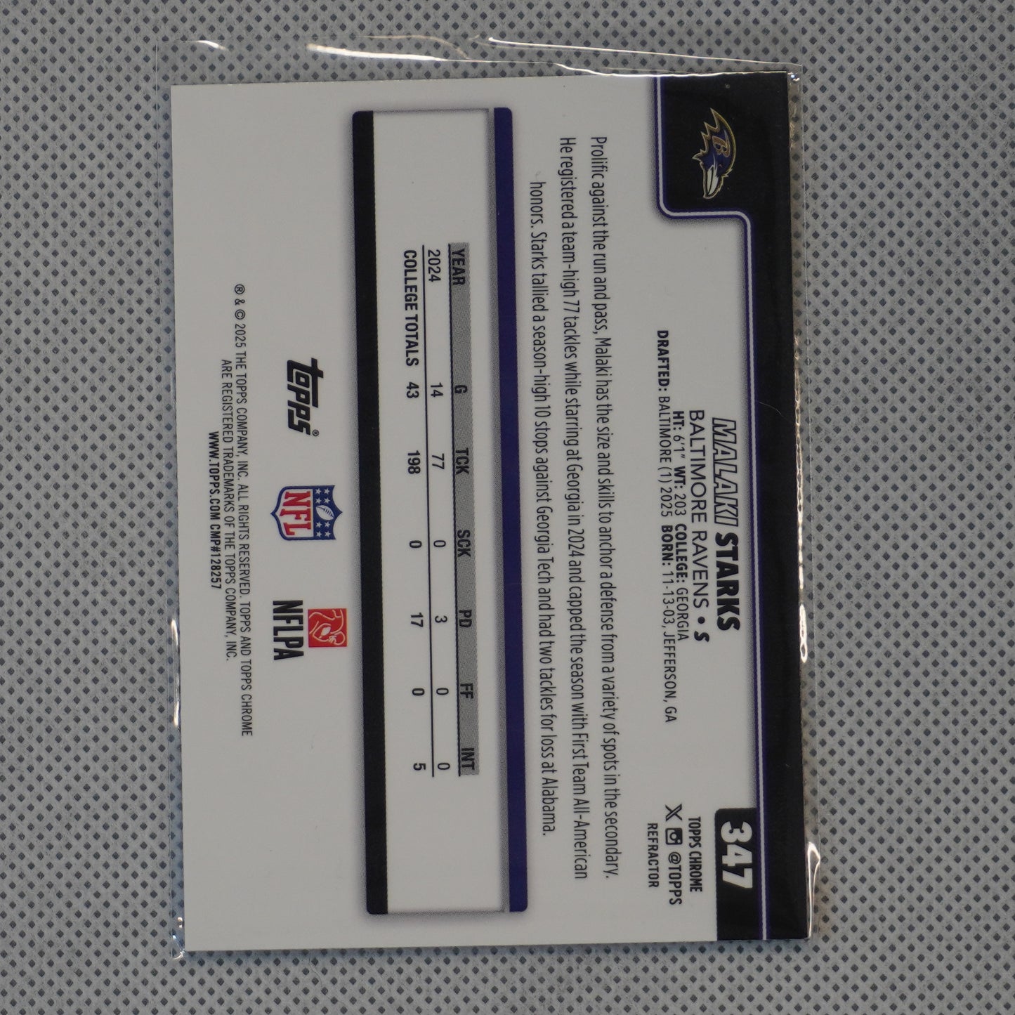 2025 Topps Chrome #347 Malaki Starks Refractor Baltimore Ravens RC