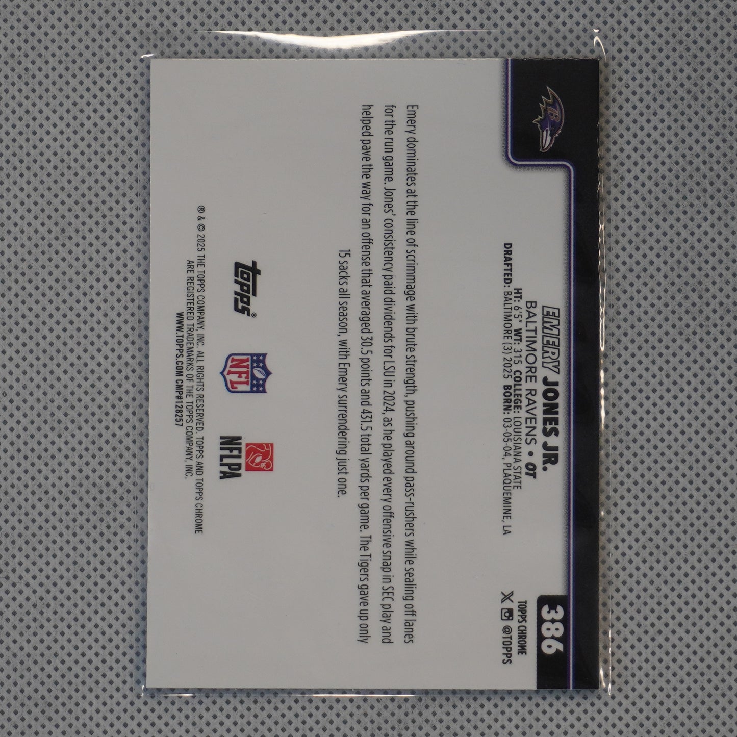 2025 Topps Chrome #386 Emery Jones Jr. Baltimore Ravens RC