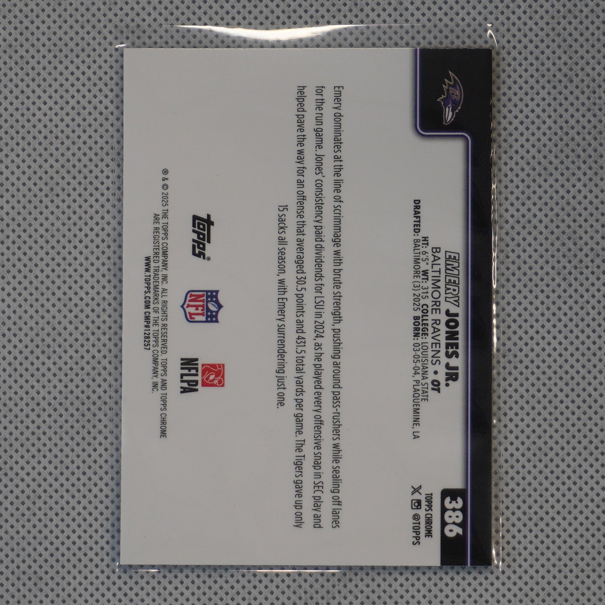 2025 Topps Chrome #386 Emery Jones Jr. Baltimore Ravens RC