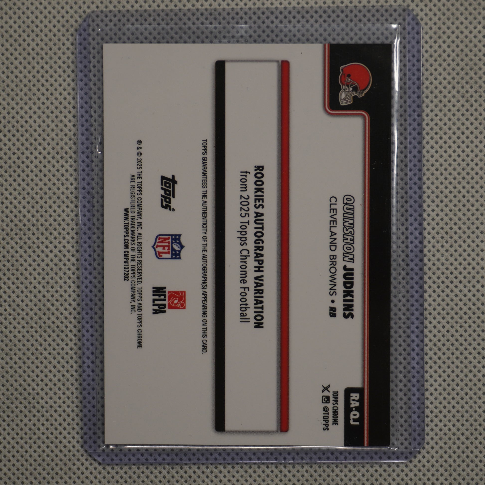 2025 Topps Chrome #RA-QJ Quinshon Judkins Chrome Rookie Autographs Purple Geometric Refractor #/75 Cleveland Browns SN.AU