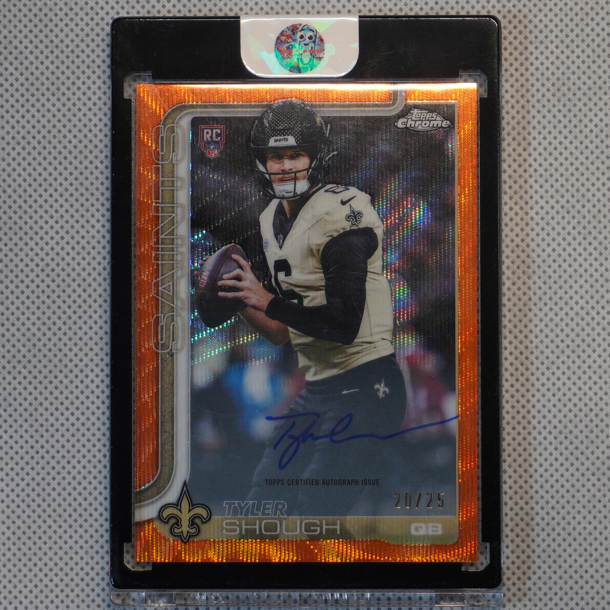 2025 Topps Chrome #RA-TYS Tyler Shough Chrome Rookie Autographs Orange Wave Refractor #/25 New Orleans Saints SN,AU