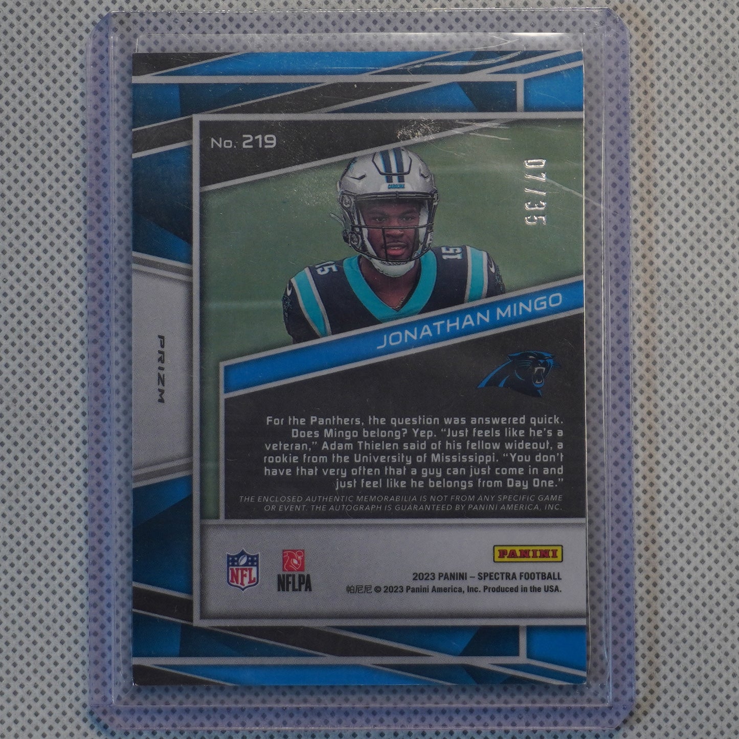 2023 Panini Spectra #219 Jonathan Mingo Rookie Patch Autographs Neon Green #/35 Carolina Panthers SN,MEM,AU