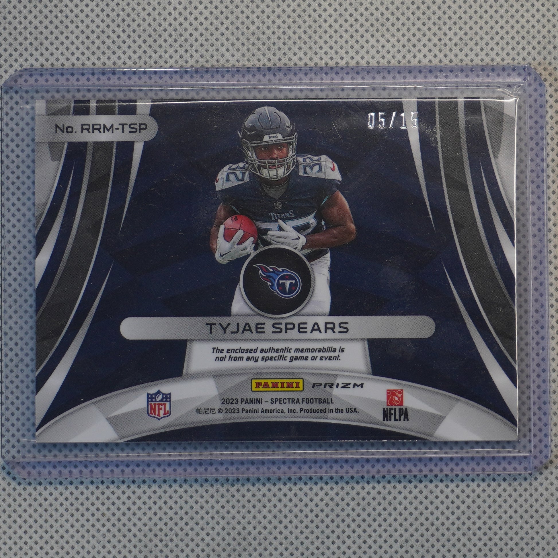 2023 Panini Spectra #RRM-TSP Tyjae Spears Rising Rookie Materials Neon Pink #/15 Tennessee Titans SN,MEM