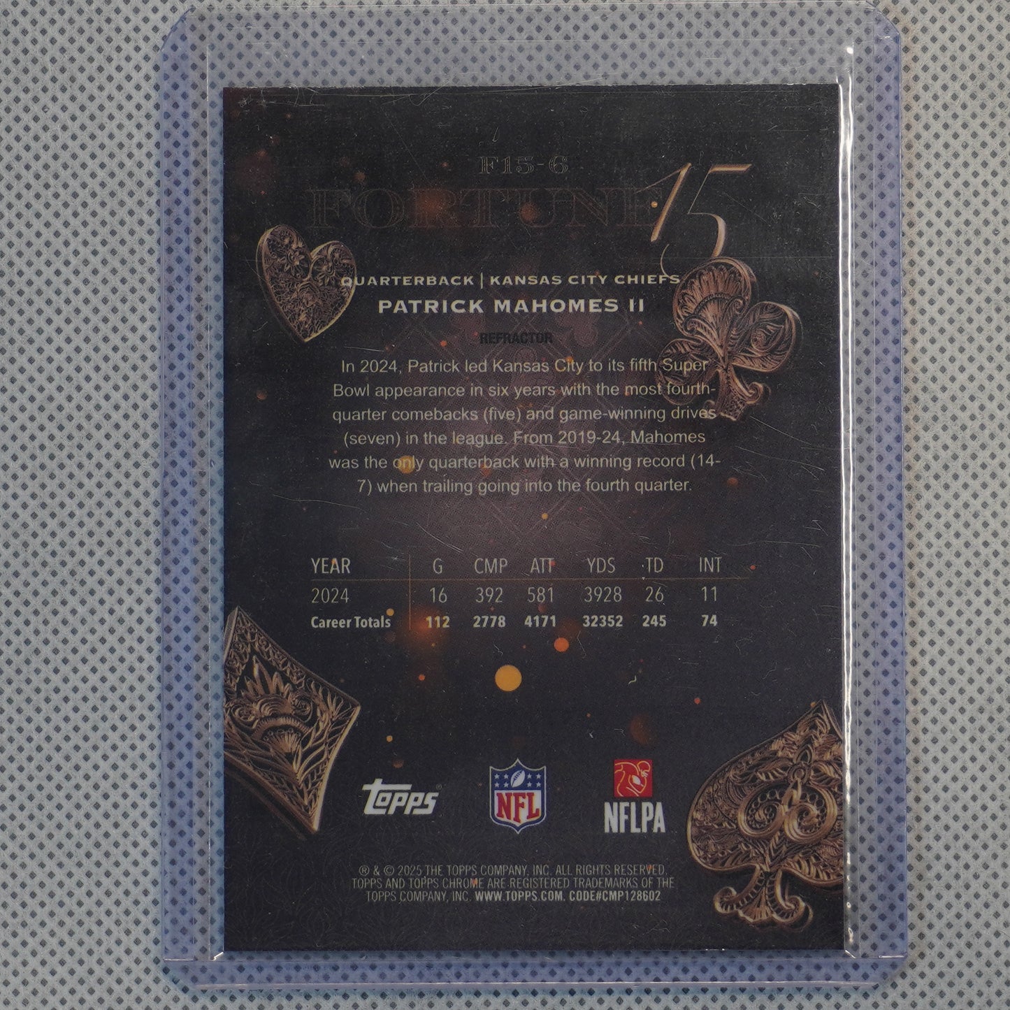 2025 Topps Chrome #F15-6 Patrick Mahomes II Fortune 15 Refractor Kansas City Chiefs