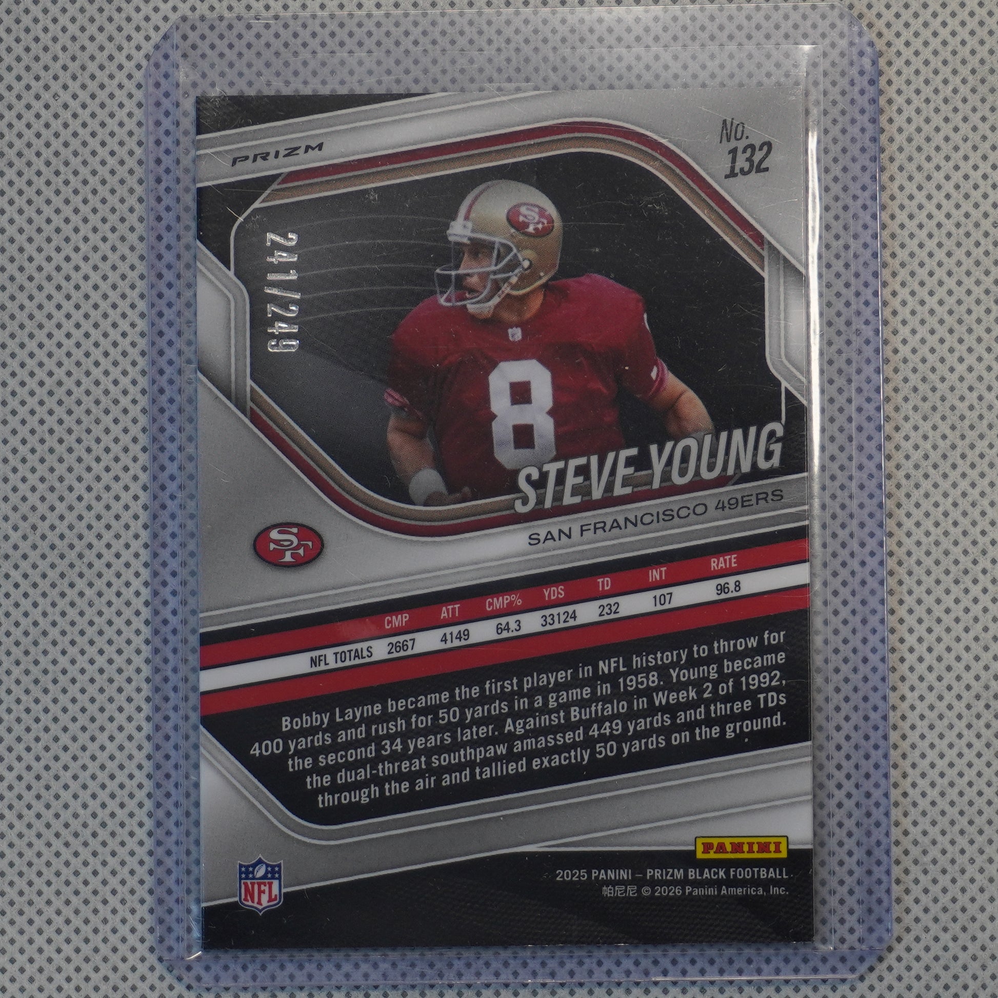 2025 Panini Prizm Black #132 Steve Young Prizms Skewed #/249 San Francisco 49ers SN
