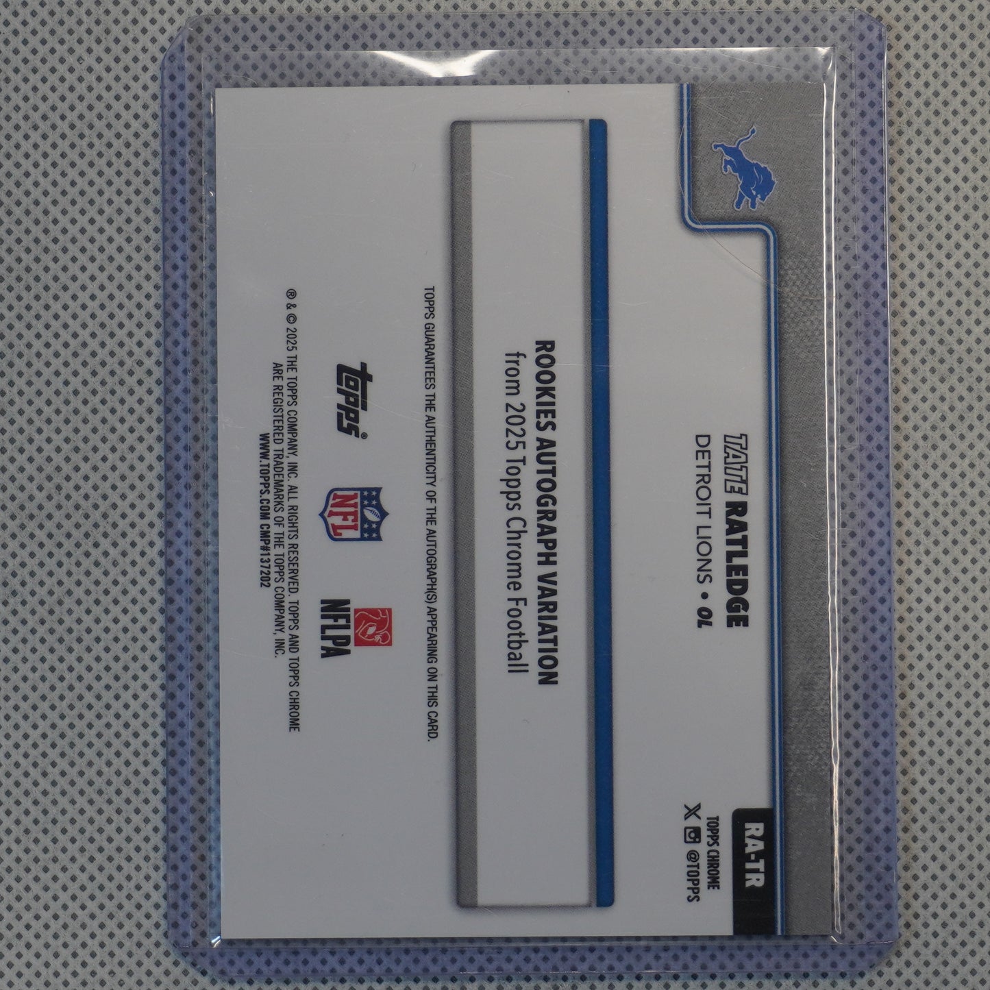2025 Topps Chrome #RA-TR Tate Ratledge Chrome Rookie Autographs Purple Lava Refractor #/75 Detroit Lions SN,AU