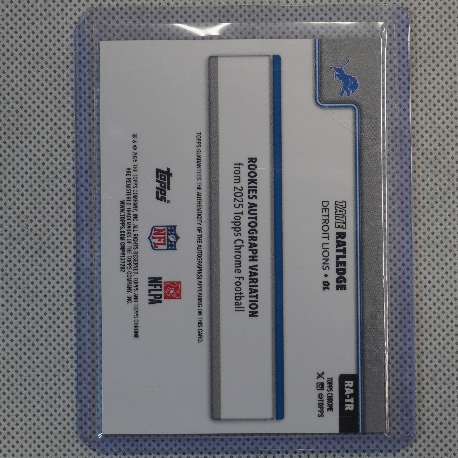 2025 Topps Chrome #RA-TR Tate Ratledge Chrome Rookie Autographs Purple Lava Refractor #/75 Detroit Lions SN,AU
