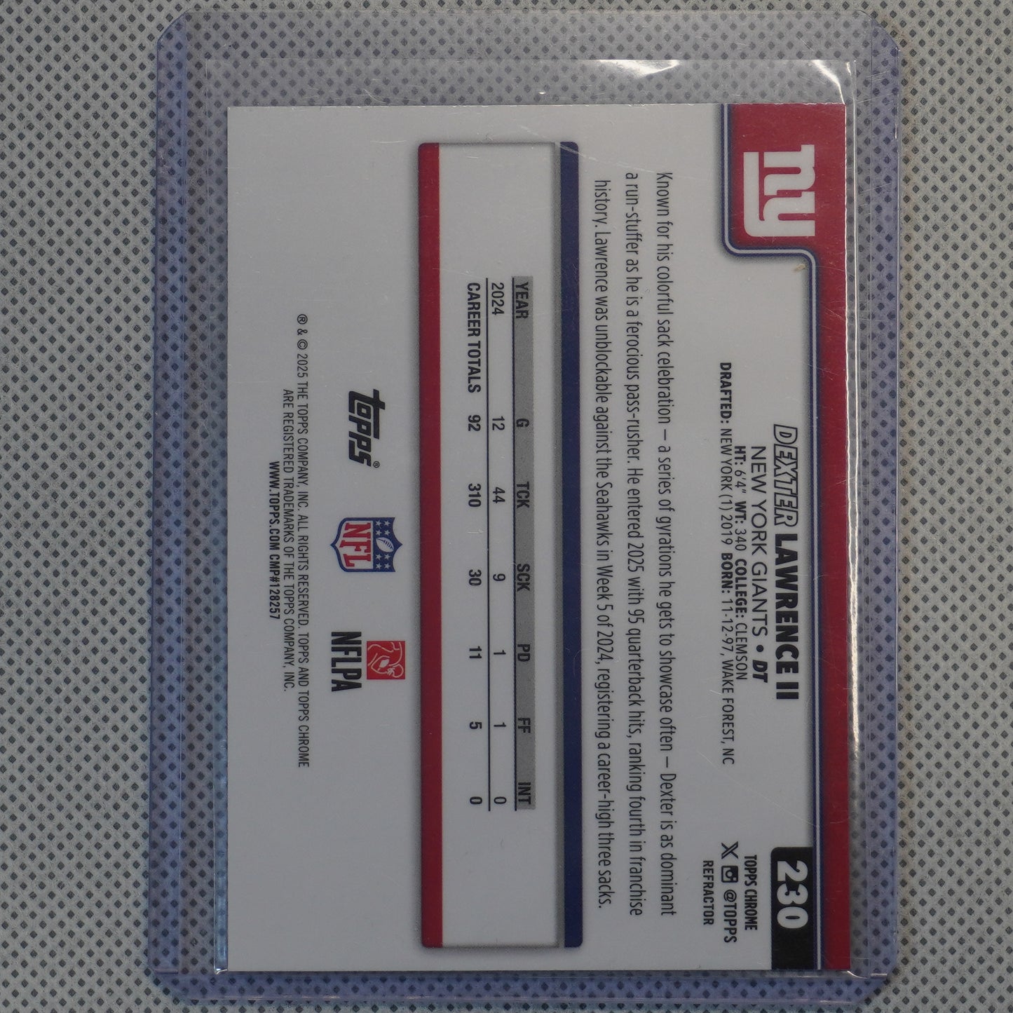 2025 Topps Chrome #230 Dexter Lawrence II Refractor New York Giants