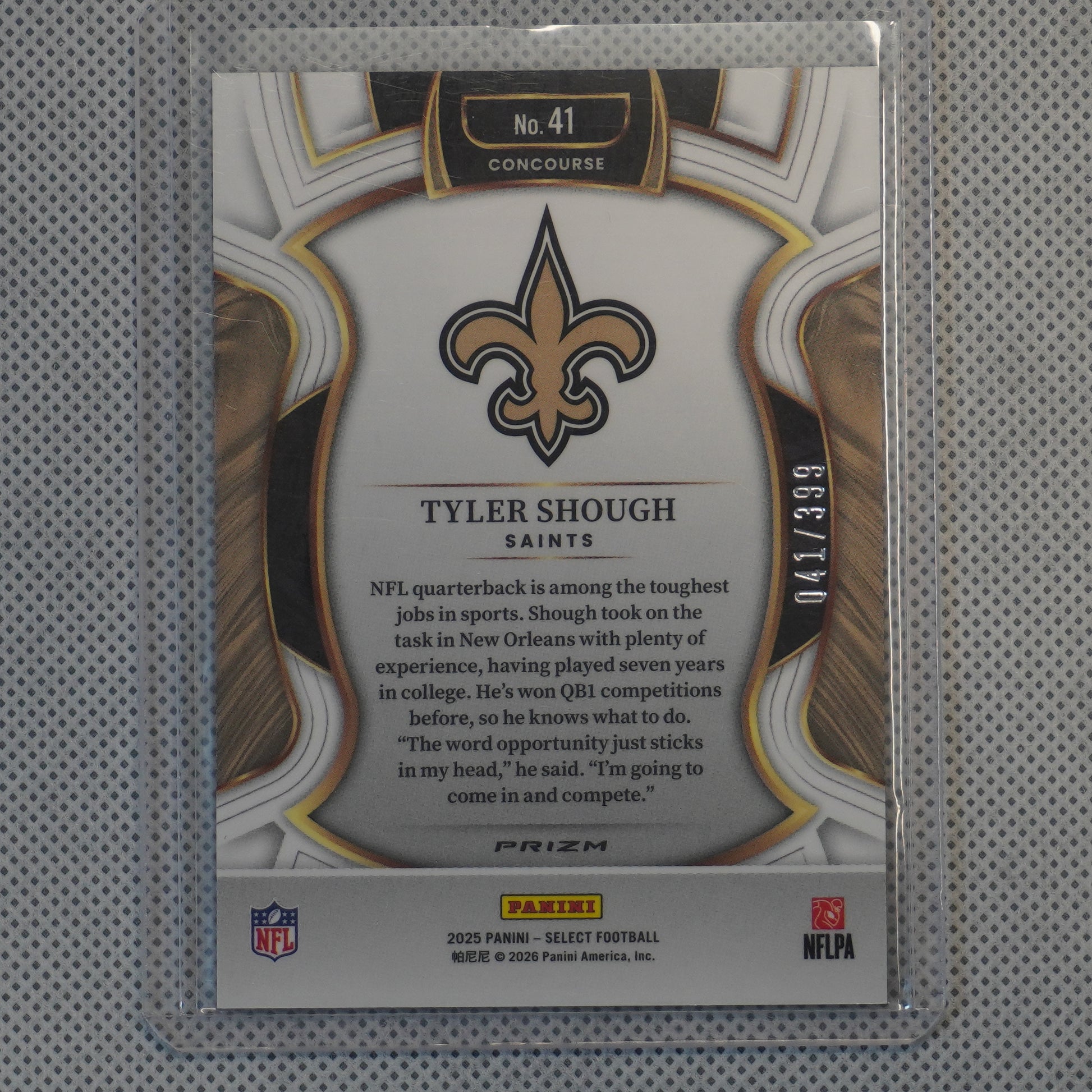 2025 Panini Select #41 Tyler Shough Tri-Color Prizm #/399 New Orleans Saints SN,RC